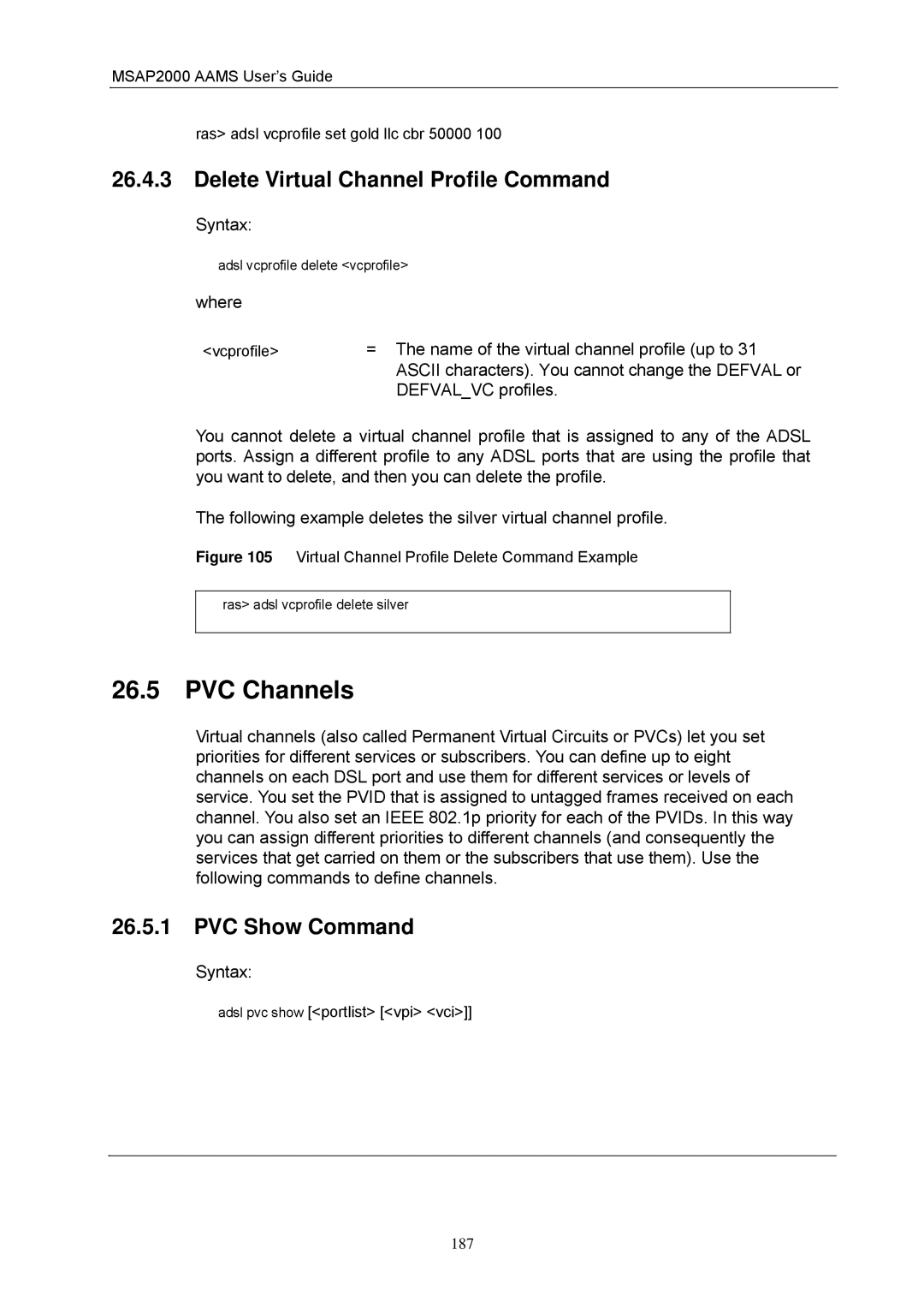 ZyXEL Communications MSAP2000 PVC Channels, Delete Virtual Channel Profile Command, PVC Show Command, Defvalvc profiles 