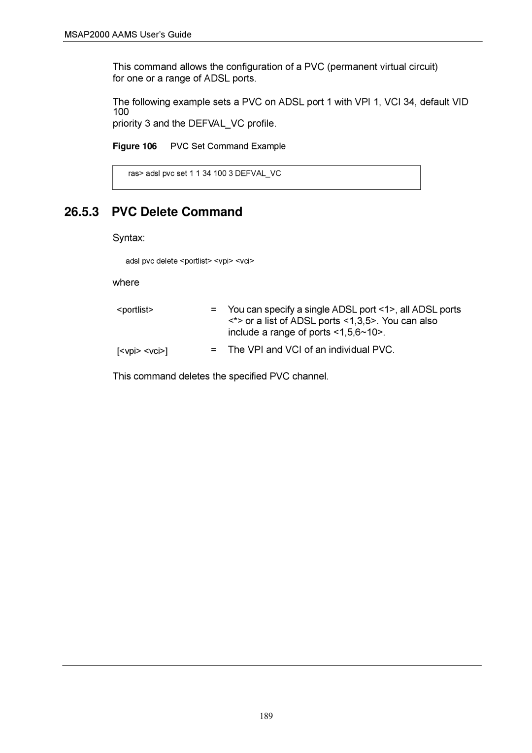 ZyXEL Communications MSAP2000 manual PVC Delete Command, Portlist Vpi vci 