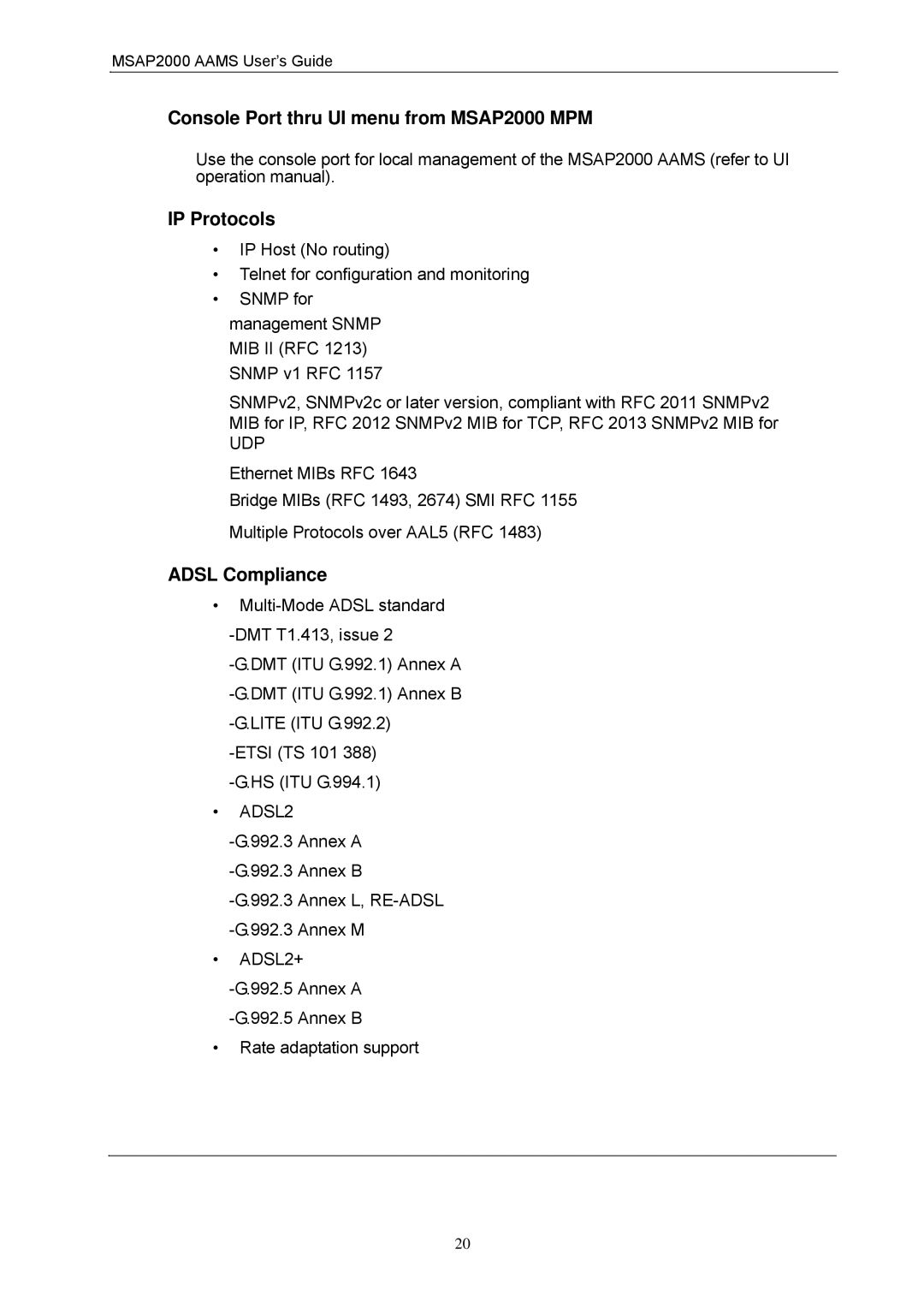 ZyXEL Communications manual Console Port thru UI menu from MSAP2000 MPM IP Protocols, Adsl Compliance 