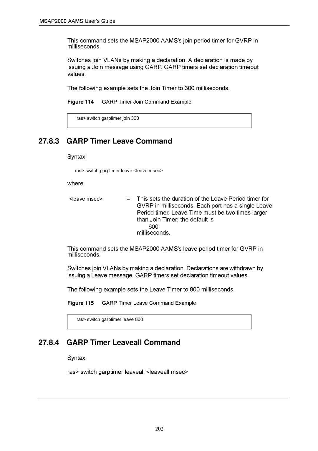 ZyXEL Communications MSAP2000 manual Garp Timer Leave Command, Garp Timer Leaveall Command 