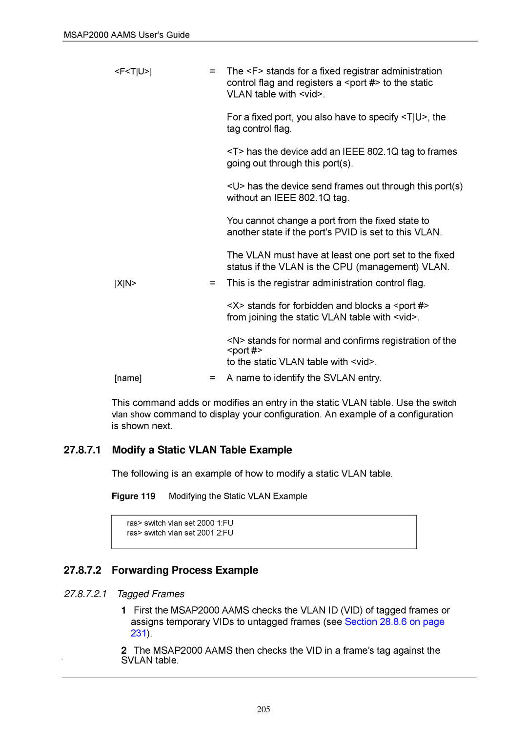 ZyXEL Communications MSAP2000 manual Modify a Static Vlan Table Example, Forwarding Process Example 