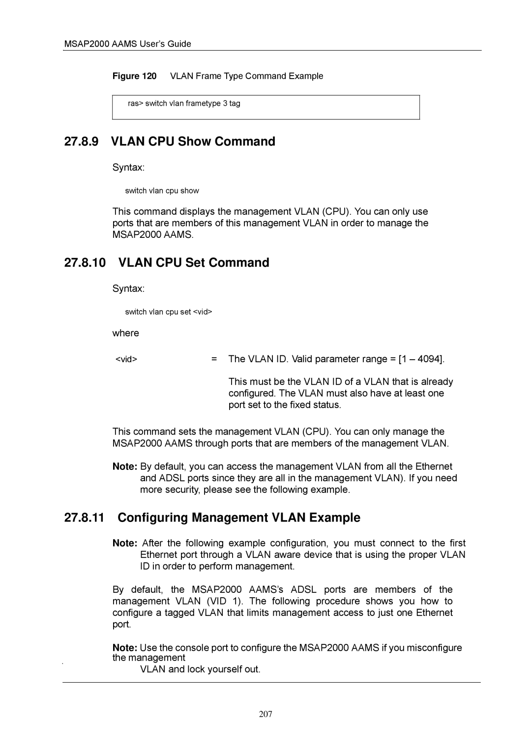 ZyXEL Communications MSAP2000 manual Vlan CPU Show Command, Vlan CPU Set Command, Configuring Management Vlan Example 