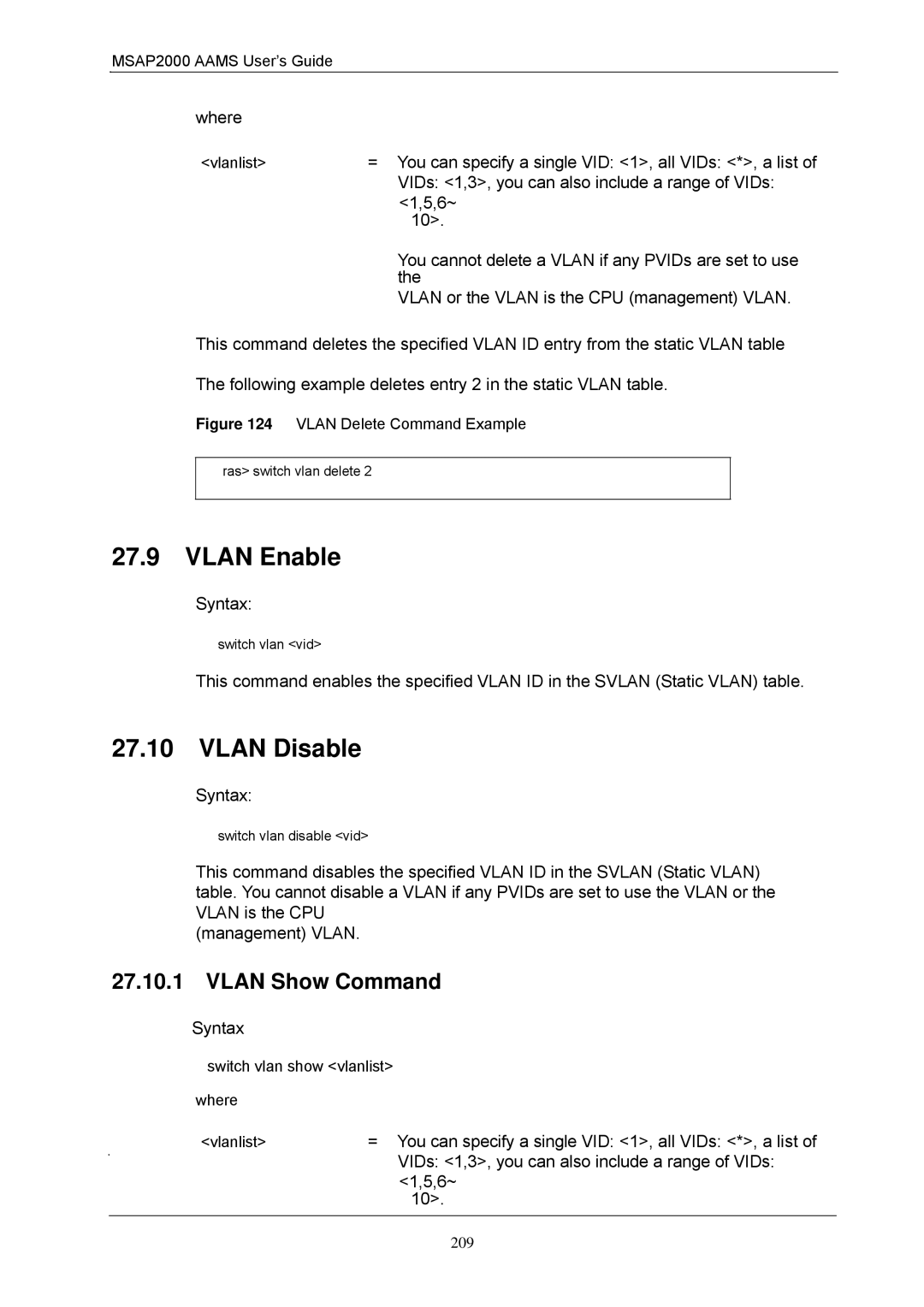 ZyXEL Communications MSAP2000 manual Vlan Enable, Vlan Disable, Vlan Show Command 