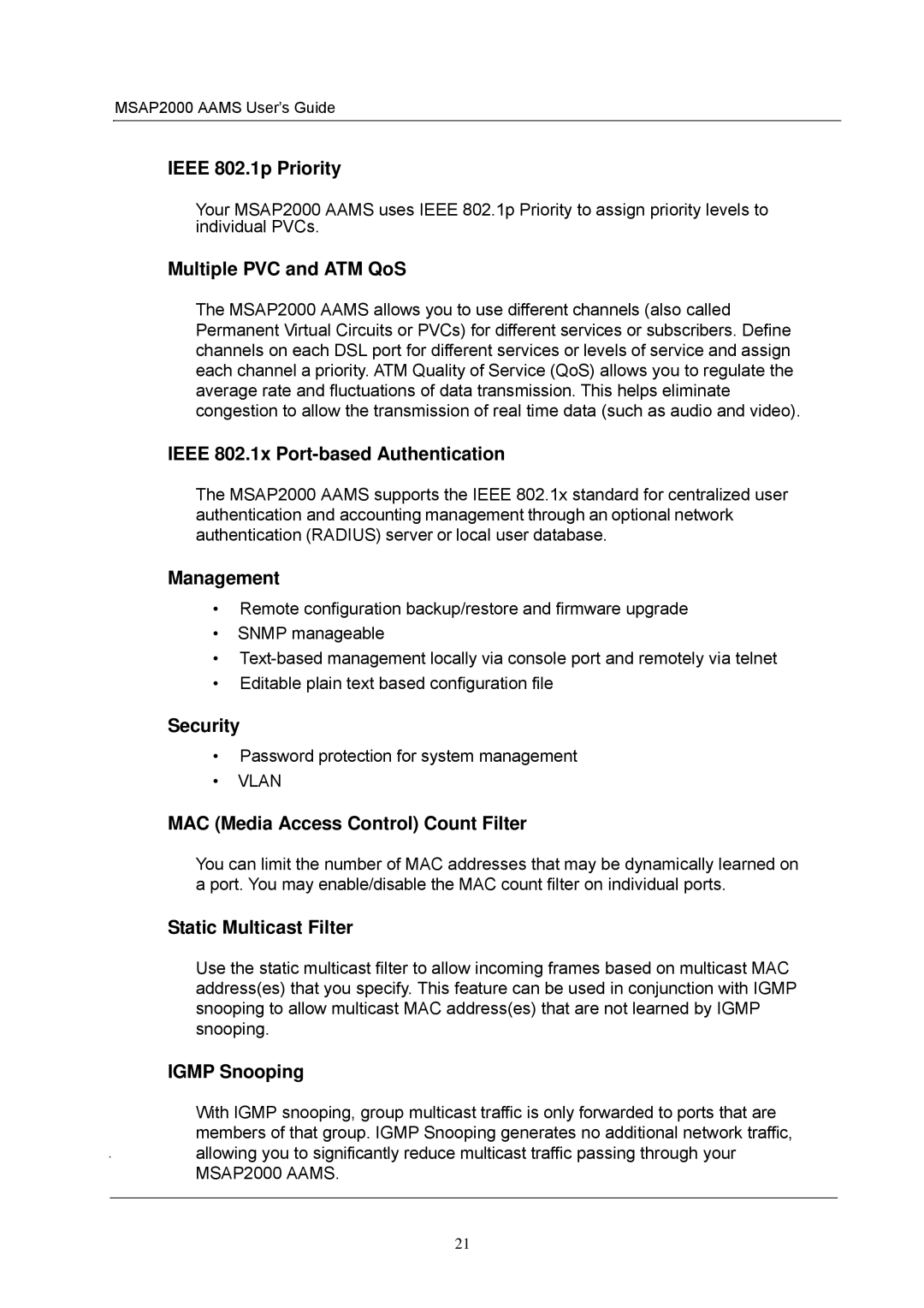 ZyXEL Communications MSAP2000 manual Ieee 802.1p Priority, Multiple PVC and ATM QoS, Ieee 802.1x Port-based Authentication 