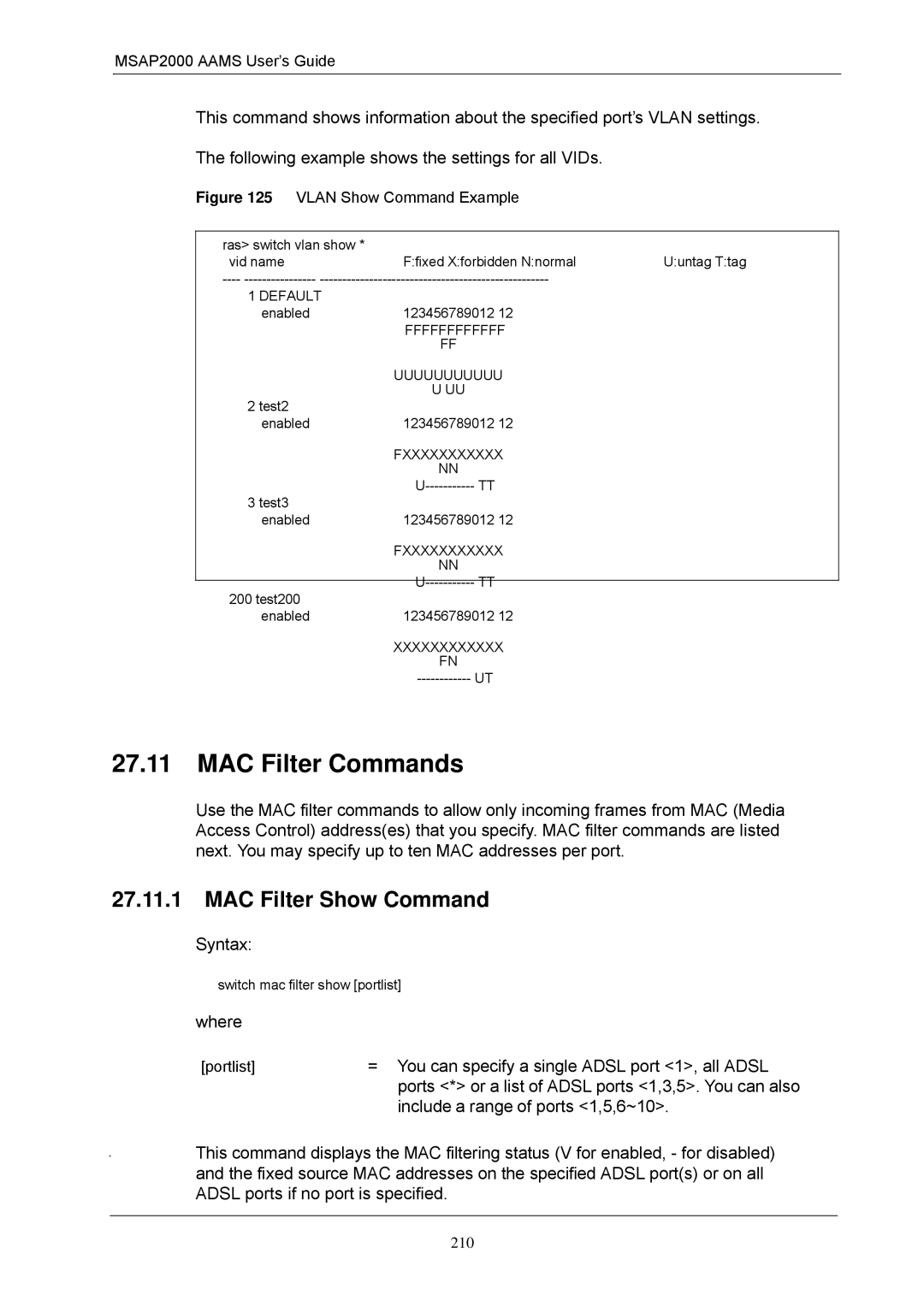 ZyXEL Communications MSAP2000 manual MAC Filter Commands, MAC Filter Show Command, Ffffffffffff, Fxxxxxxxxxxx, Xxxxxxxxxxxx 