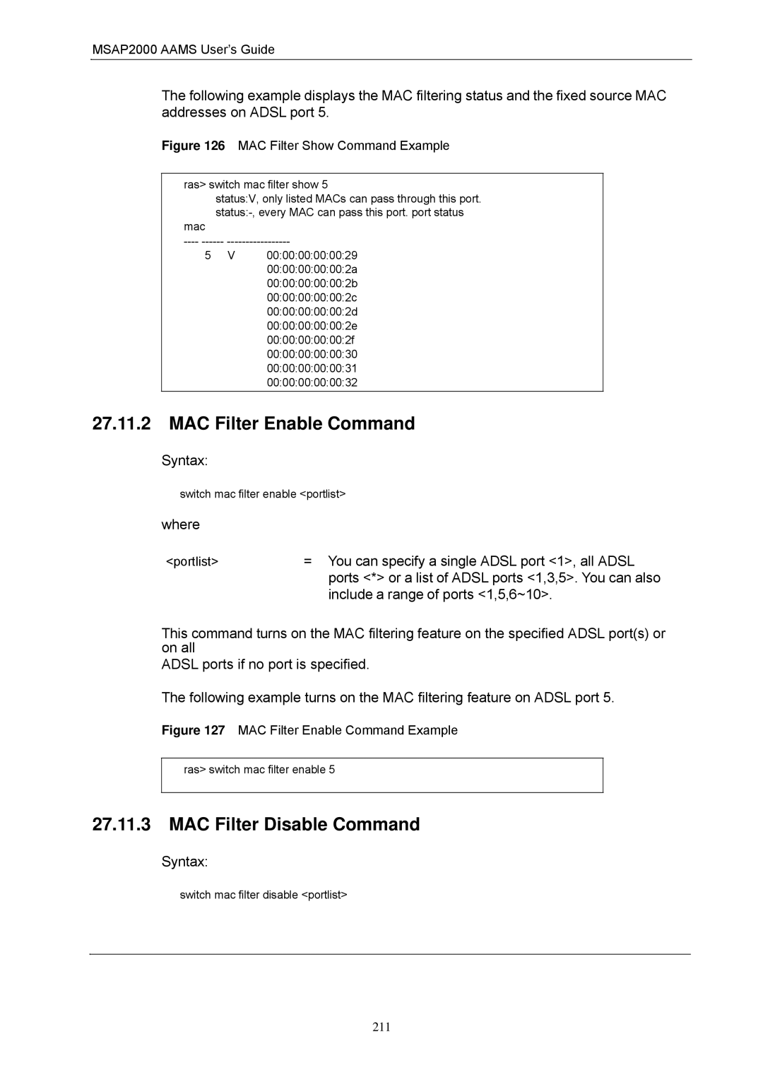 ZyXEL Communications MSAP2000 manual MAC Filter Enable Command, MAC Filter Disable Command 