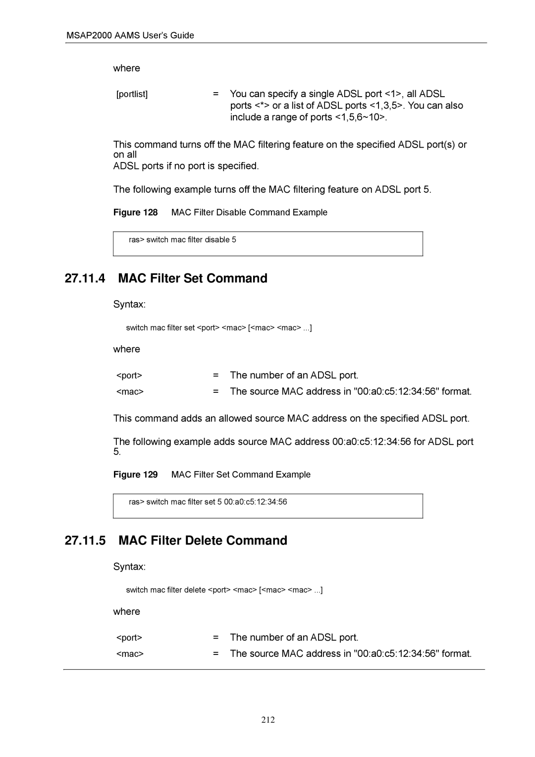 ZyXEL Communications MSAP2000 manual MAC Filter Set Command, MAC Filter Delete Command, Number of an Adsl port 