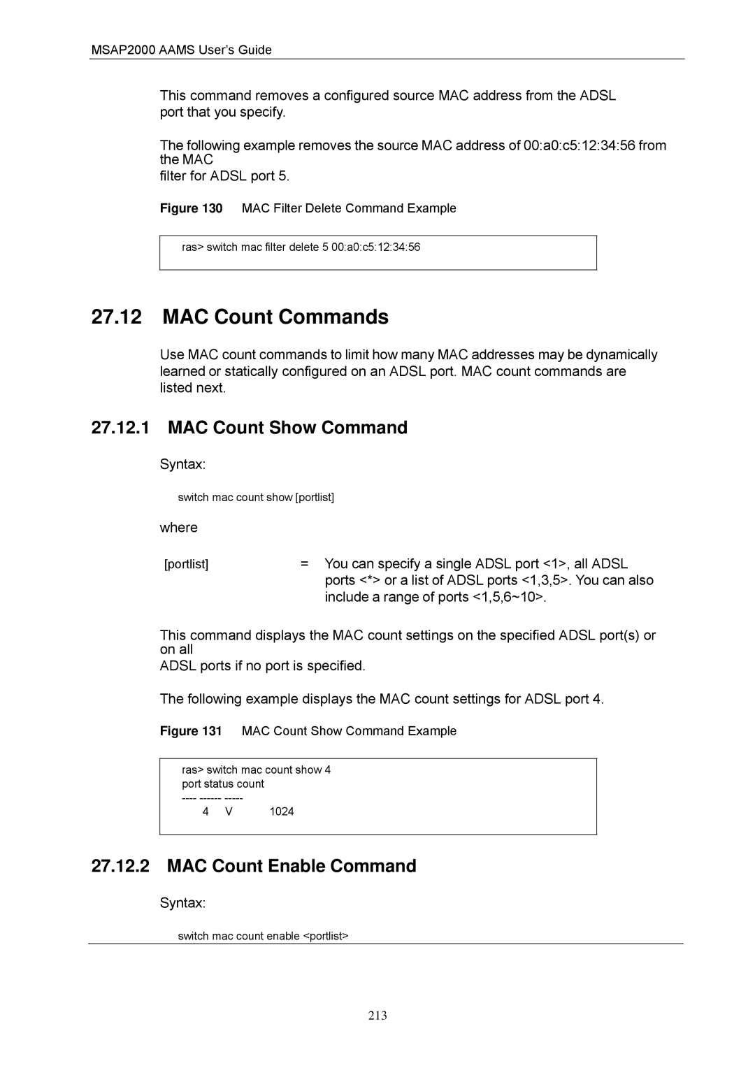 ZyXEL Communications MSAP2000 manual MAC Count Commands, MAC Count Show Command, MAC Count Enable Command 