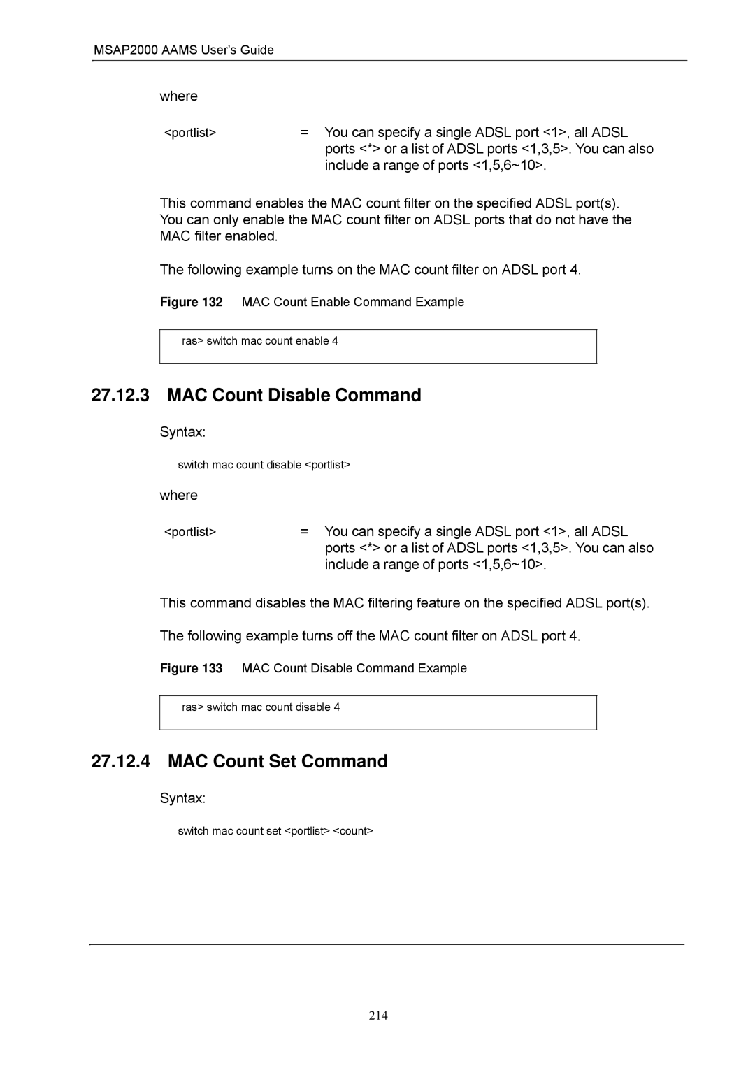 ZyXEL Communications MSAP2000 manual MAC Count Disable Command, MAC Count Set Command 