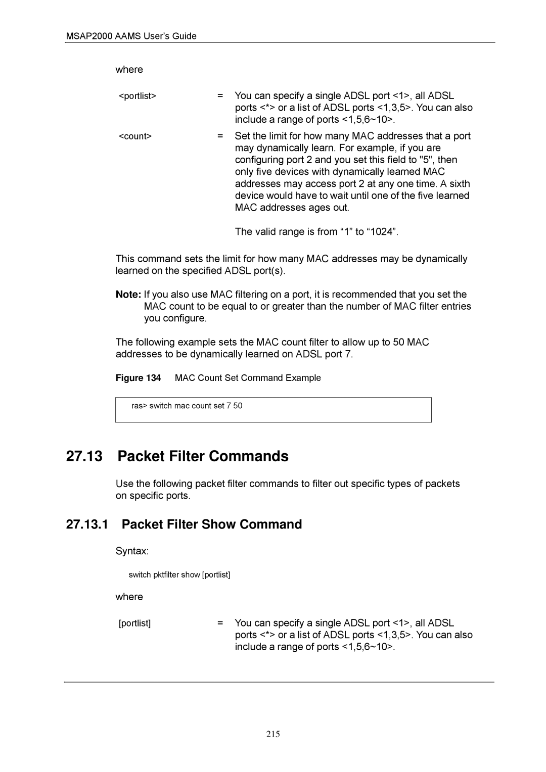 ZyXEL Communications MSAP2000 manual Packet Filter Commands, Packet Filter Show Command 