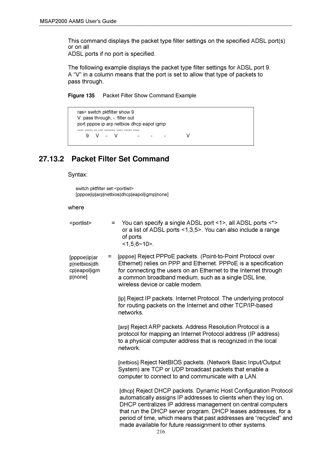 ZyXEL Communications MSAP2000 manual Packet Filter Set Command 