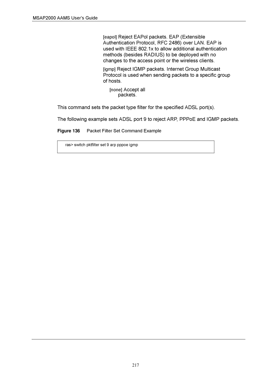 ZyXEL Communications MSAP2000 manual Packet Filter Set Command Example 