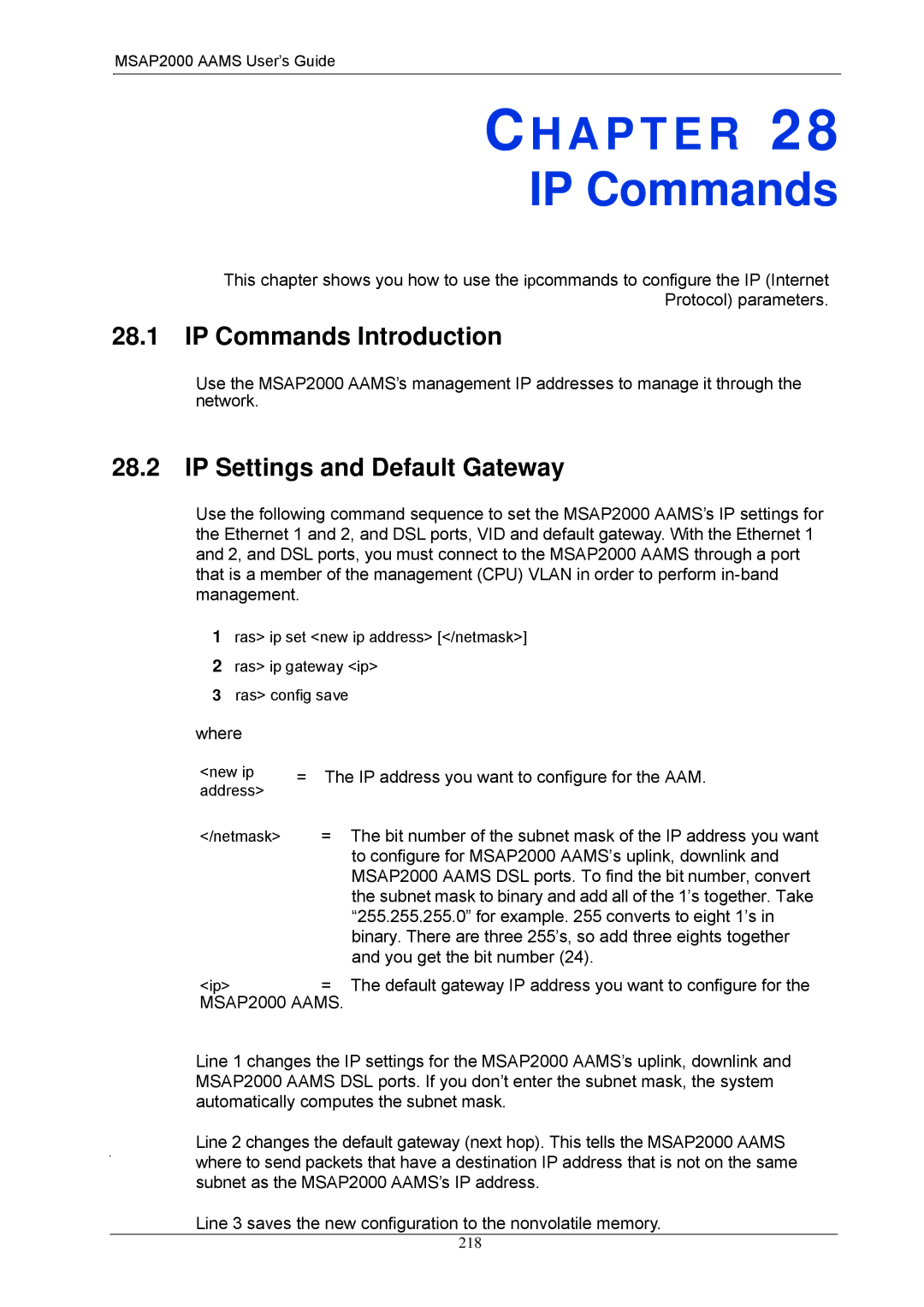 ZyXEL Communications MSAP2000 manual IP Commands Introduction, IP Settings and Default Gateway, New ip address Netmask 