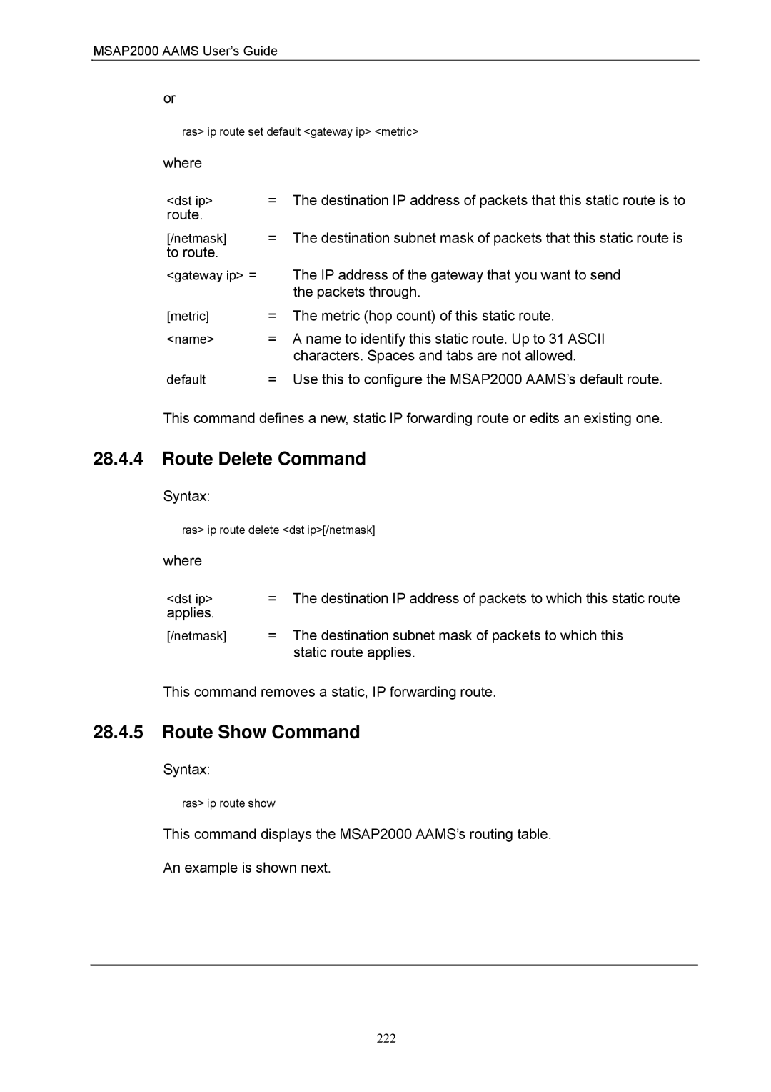 ZyXEL Communications MSAP2000 manual Route Delete Command, Route Show Command 