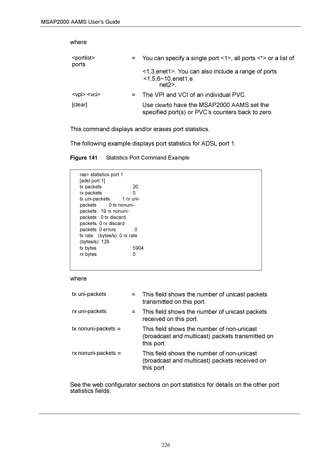 ZyXEL Communications Use clearto have the MSAP2000 Aams set, Specified ports or PVC’s counters back to zero, This port 