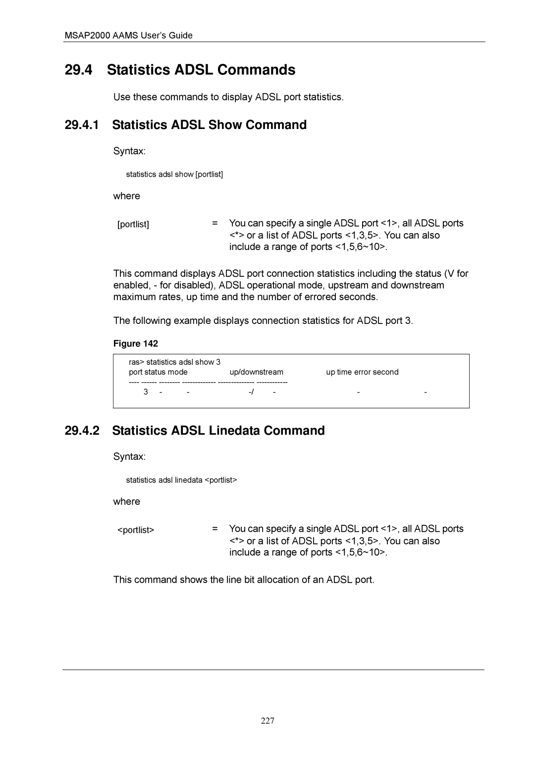 ZyXEL Communications MSAP2000 Statistics Adsl Commands, Statistics Adsl Show Command, Statistics Adsl Linedata Command 