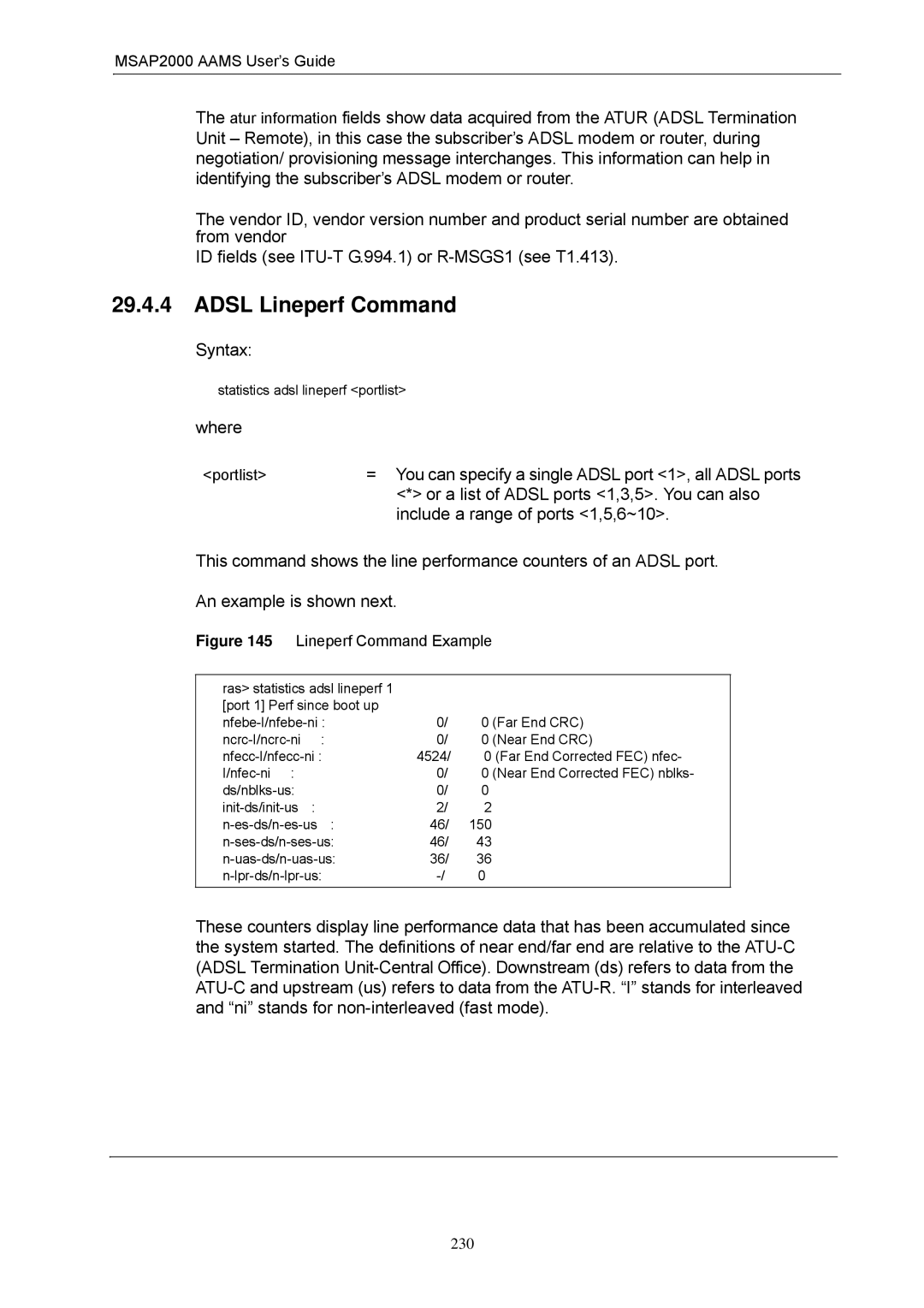 ZyXEL Communications MSAP2000 manual Adsl Lineperf Command, Lineperf Command Example 