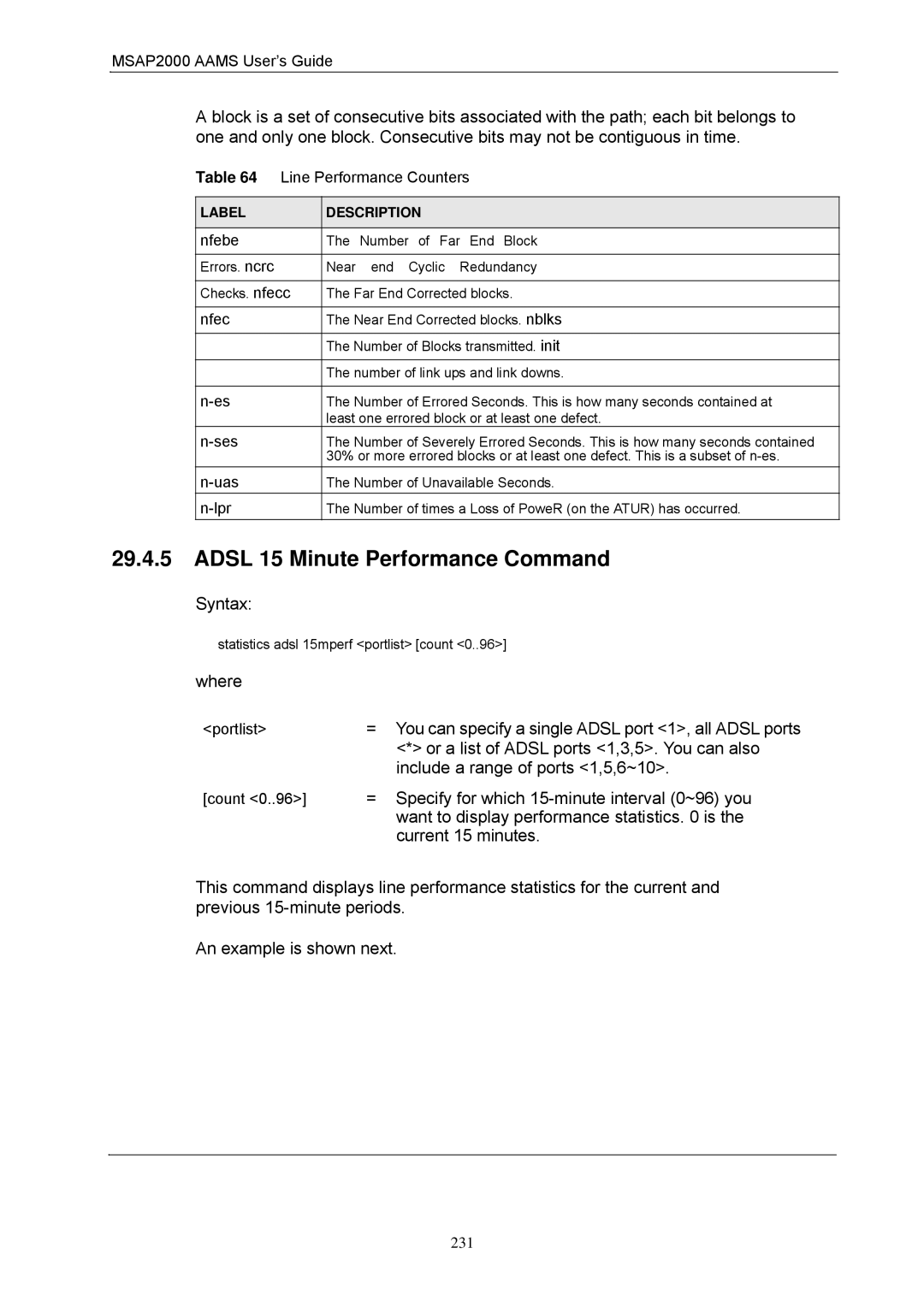 ZyXEL Communications MSAP2000 manual Adsl 15 Minute Performance Command, = Specify for which 15-minute interval 0~96 you 