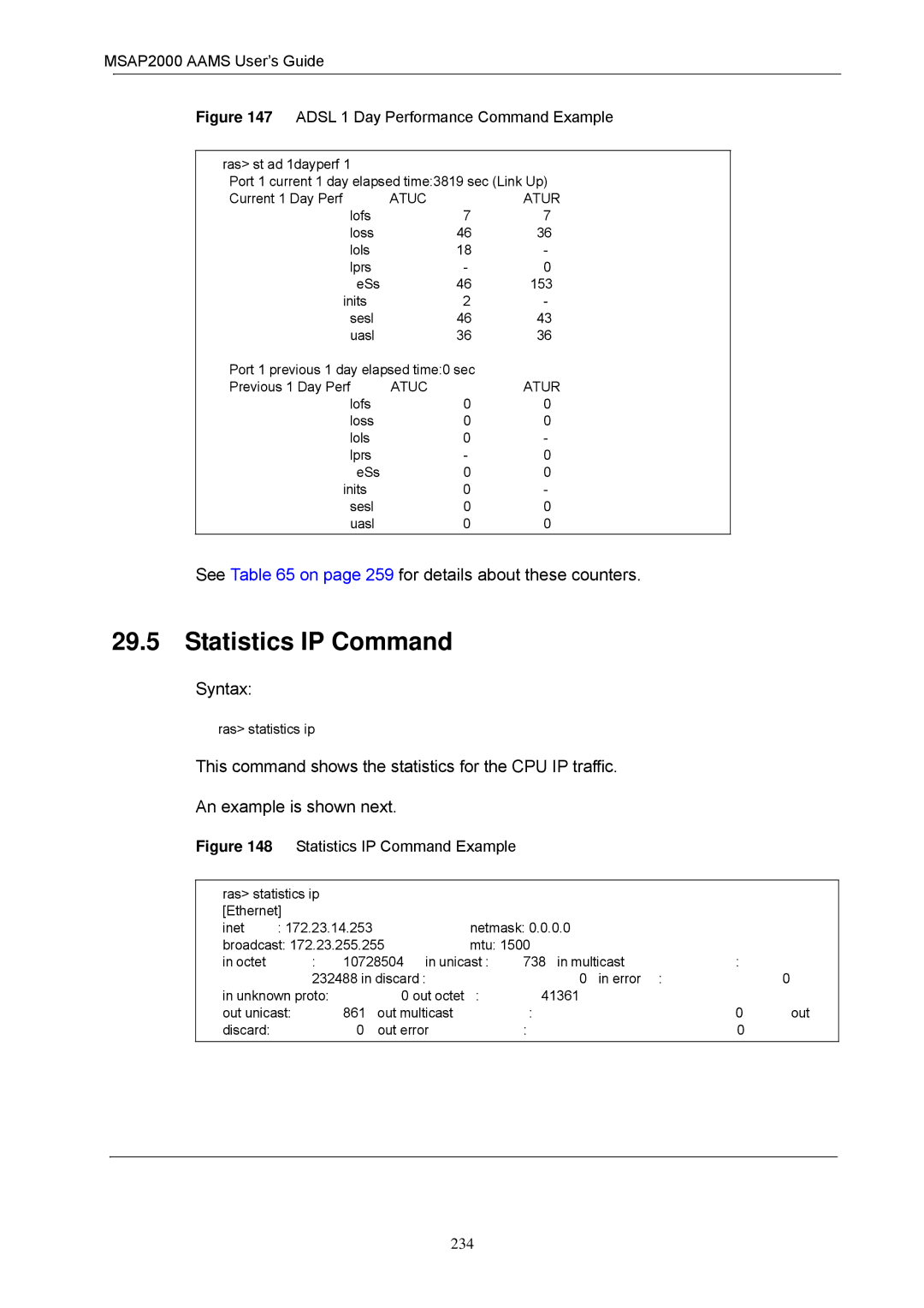 ZyXEL Communications MSAP2000 manual Statistics IP Command, See on page 259 for details about these counters 