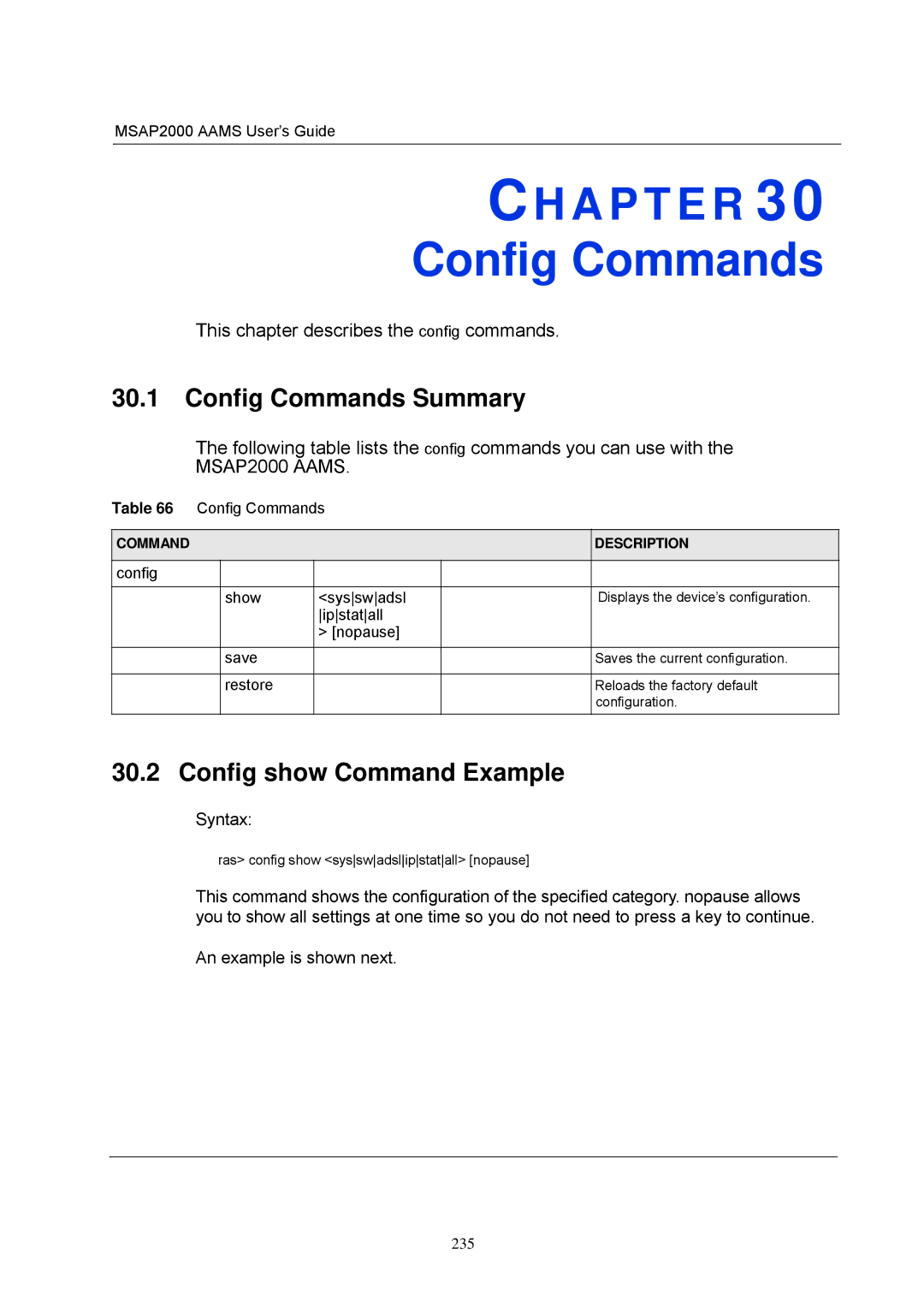 ZyXEL Communications MSAP2000 manual Config Commands Summary, Config show Command Example 