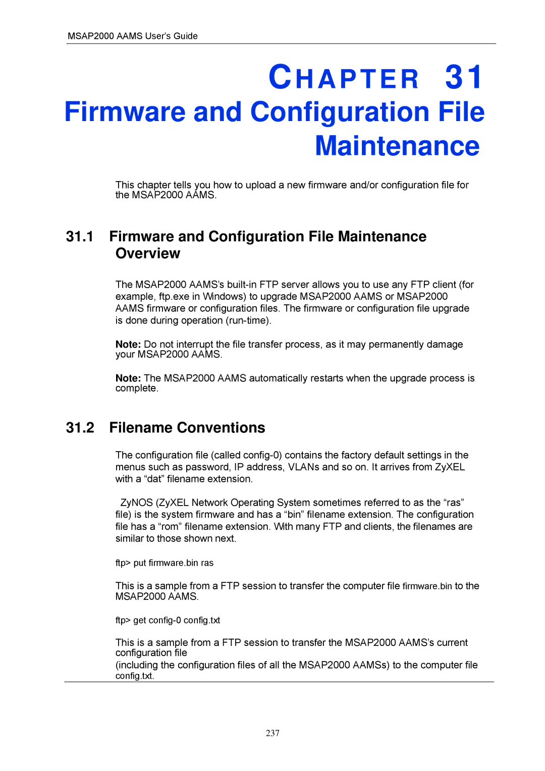 ZyXEL Communications MSAP2000 Firmware and Configuration File Maintenance, Filename Conventions, Ftp put firmware.bin ras 