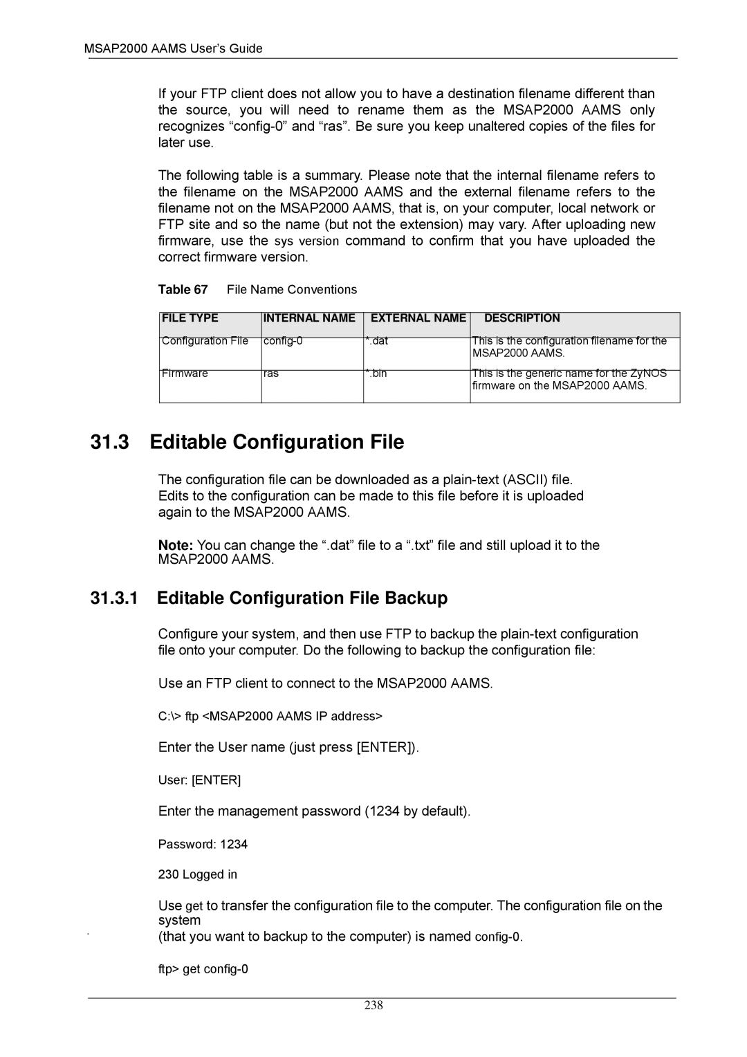 ZyXEL Communications MSAP2000 manual Editable Configuration File Backup, Enter the User name just press Enter 