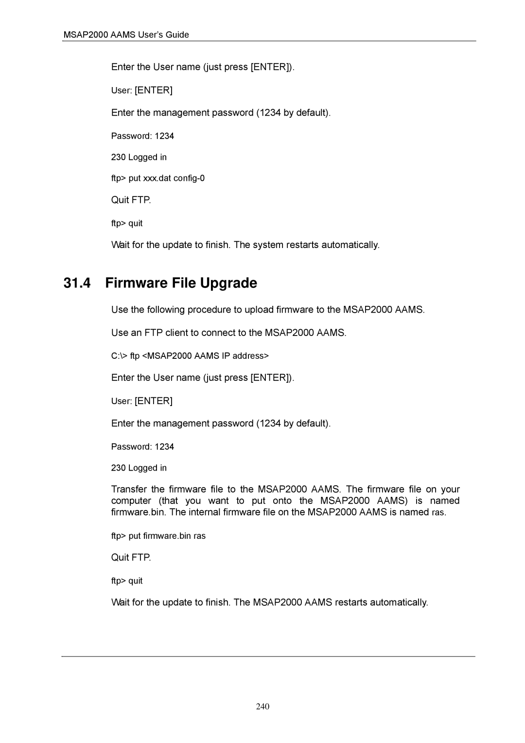 ZyXEL Communications MSAP2000 manual Firmware File Upgrade, Password Logged Ftp put xxx.dat config-0 