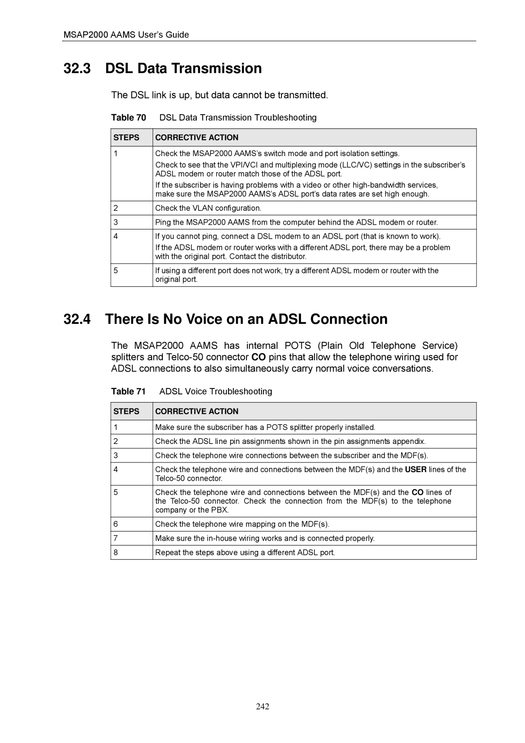 ZyXEL Communications MSAP2000 DSL Data Transmission, There Is No Voice on an Adsl Connection, Adsl Voice Troubleshooting 