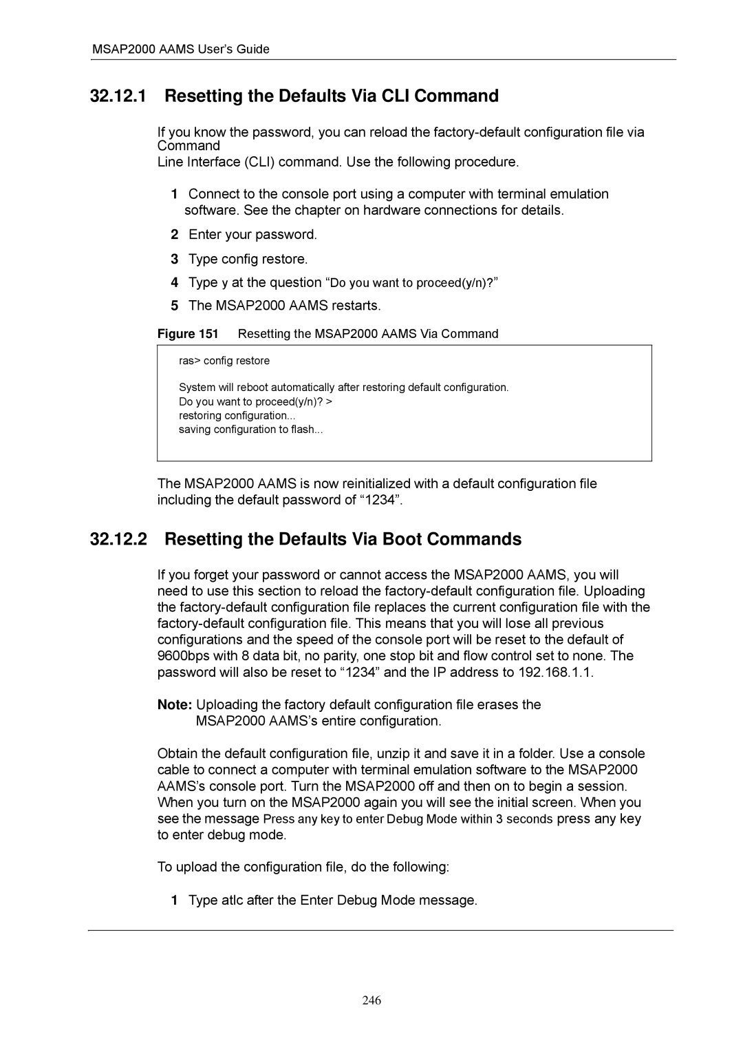 ZyXEL Communications MSAP2000 manual Resetting the Defaults Via CLI Command, Resetting the Defaults Via Boot Commands 