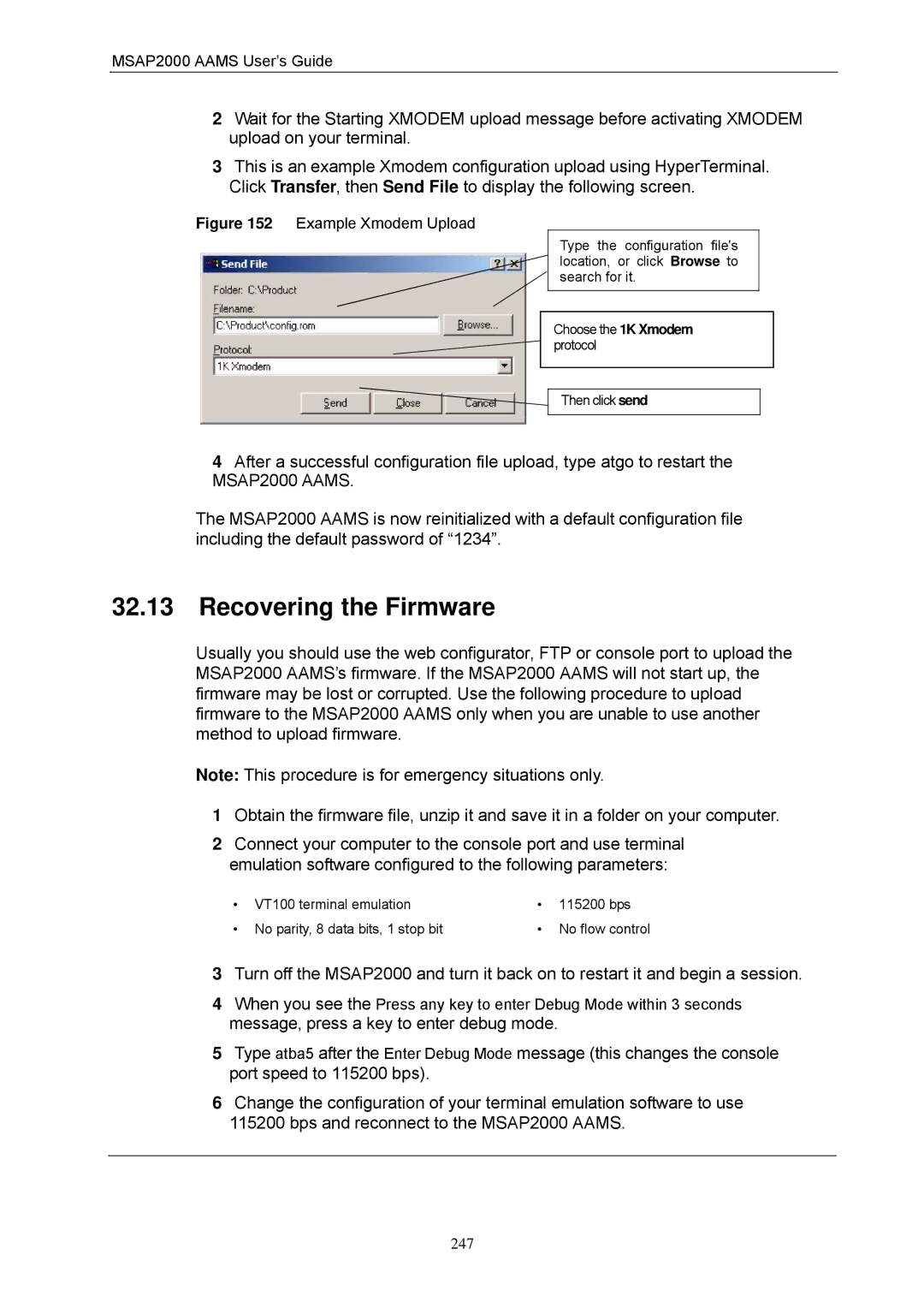 ZyXEL Communications MSAP2000 manual Recovering the Firmware, Example Xmodem Upload 