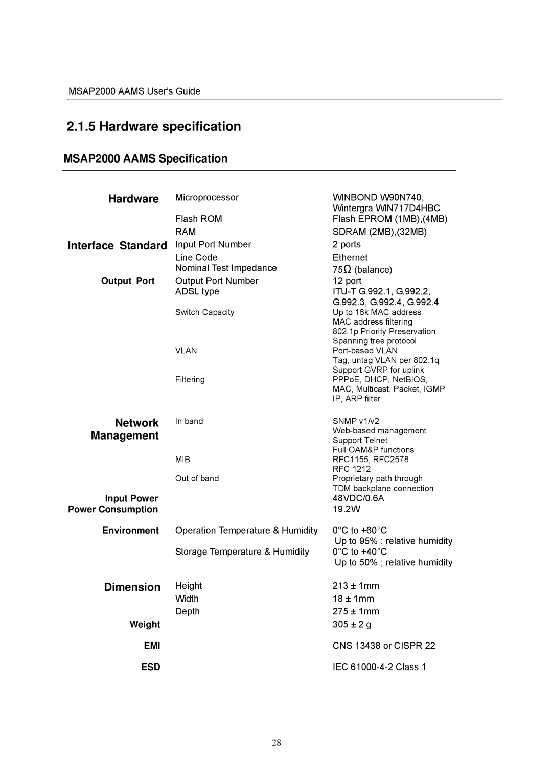 ZyXEL Communications manual Hardware specification, MSAP2000 Aams Specification Hardware, Interface Standard, Network 