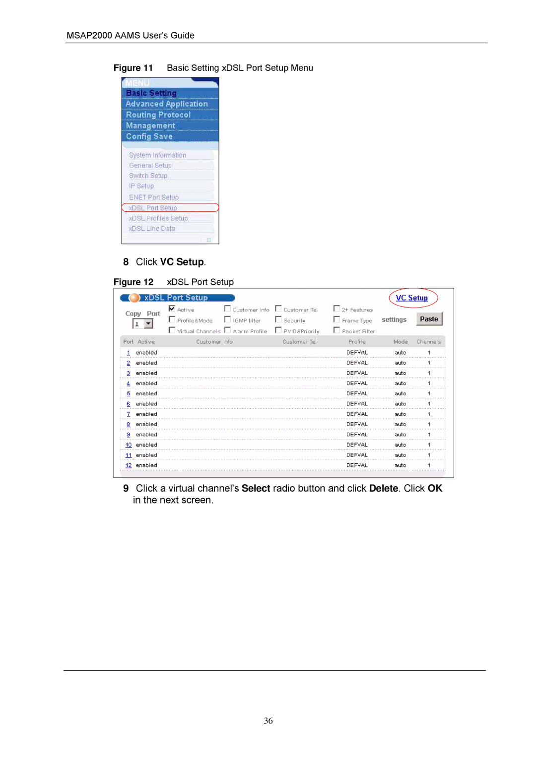 ZyXEL Communications MSAP2000 manual Click VC Setup 