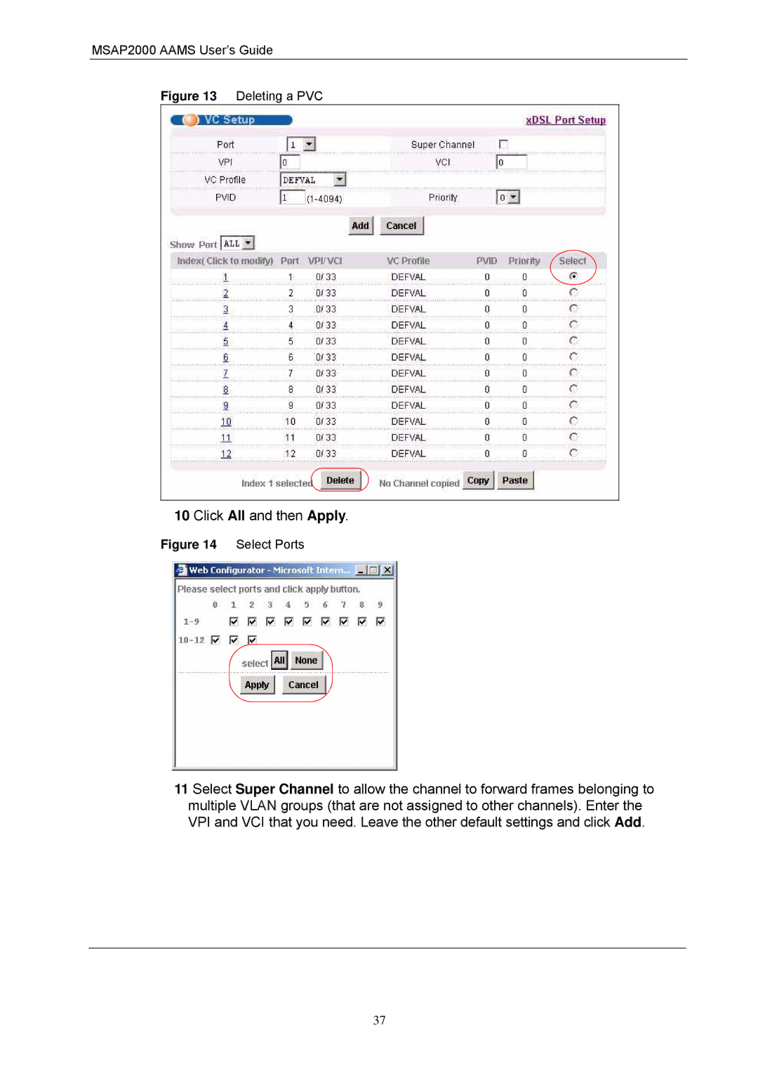 ZyXEL Communications MSAP2000 manual Deleting a PVC, Select Ports 