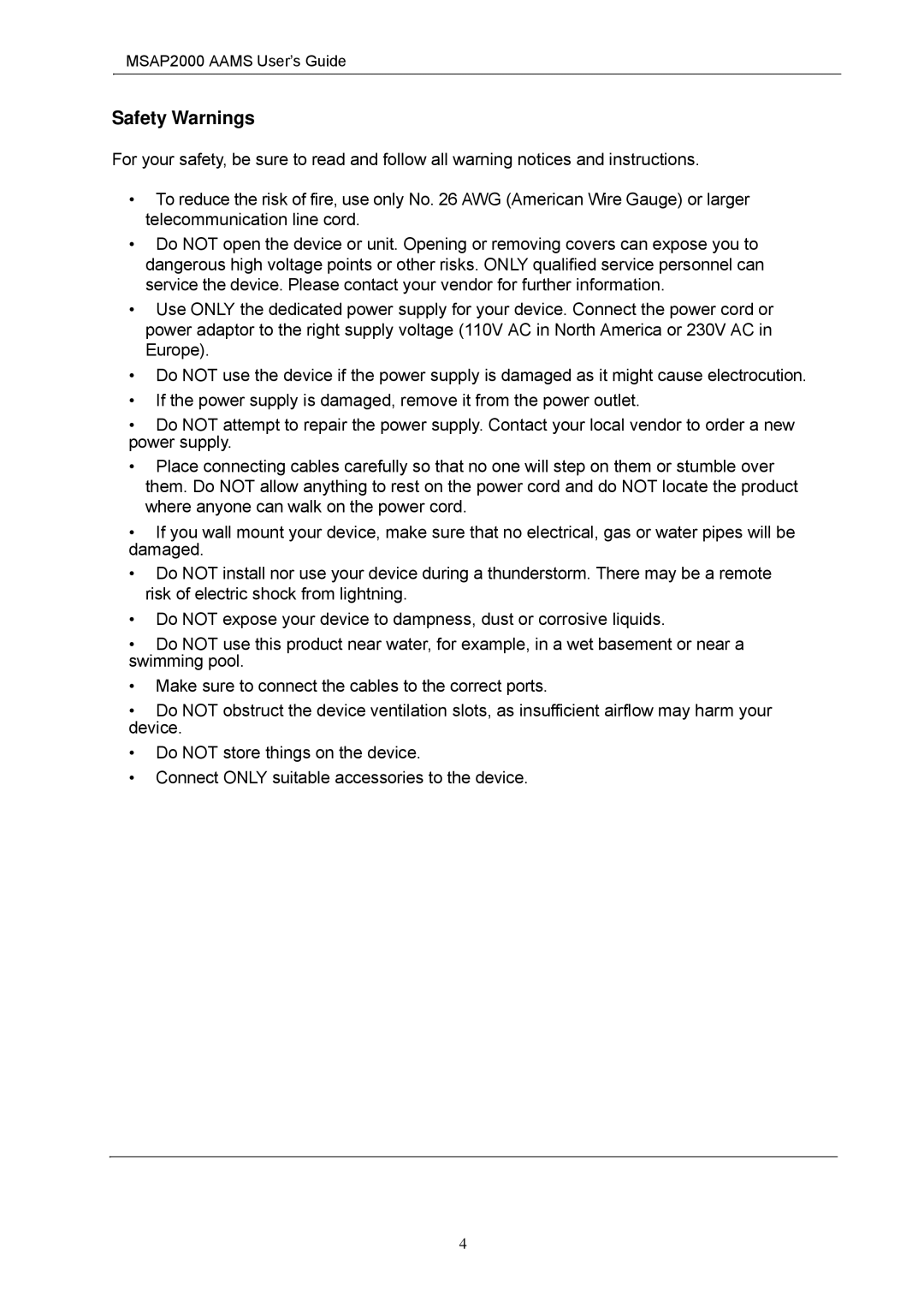 ZyXEL Communications MSAP2000 manual Safety Warnings 