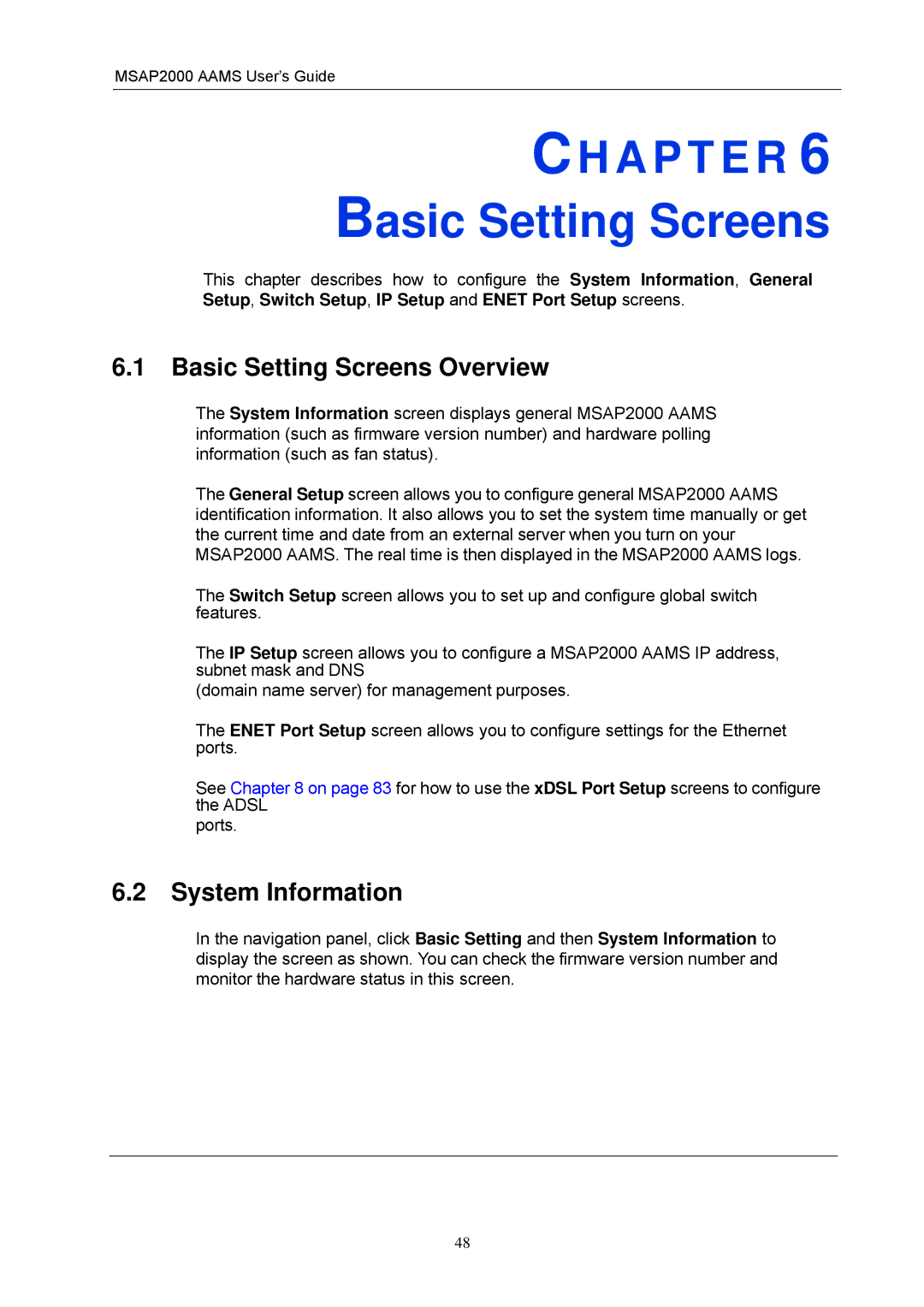 ZyXEL Communications MSAP2000 manual Basic Setting Screens Overview, System Information 