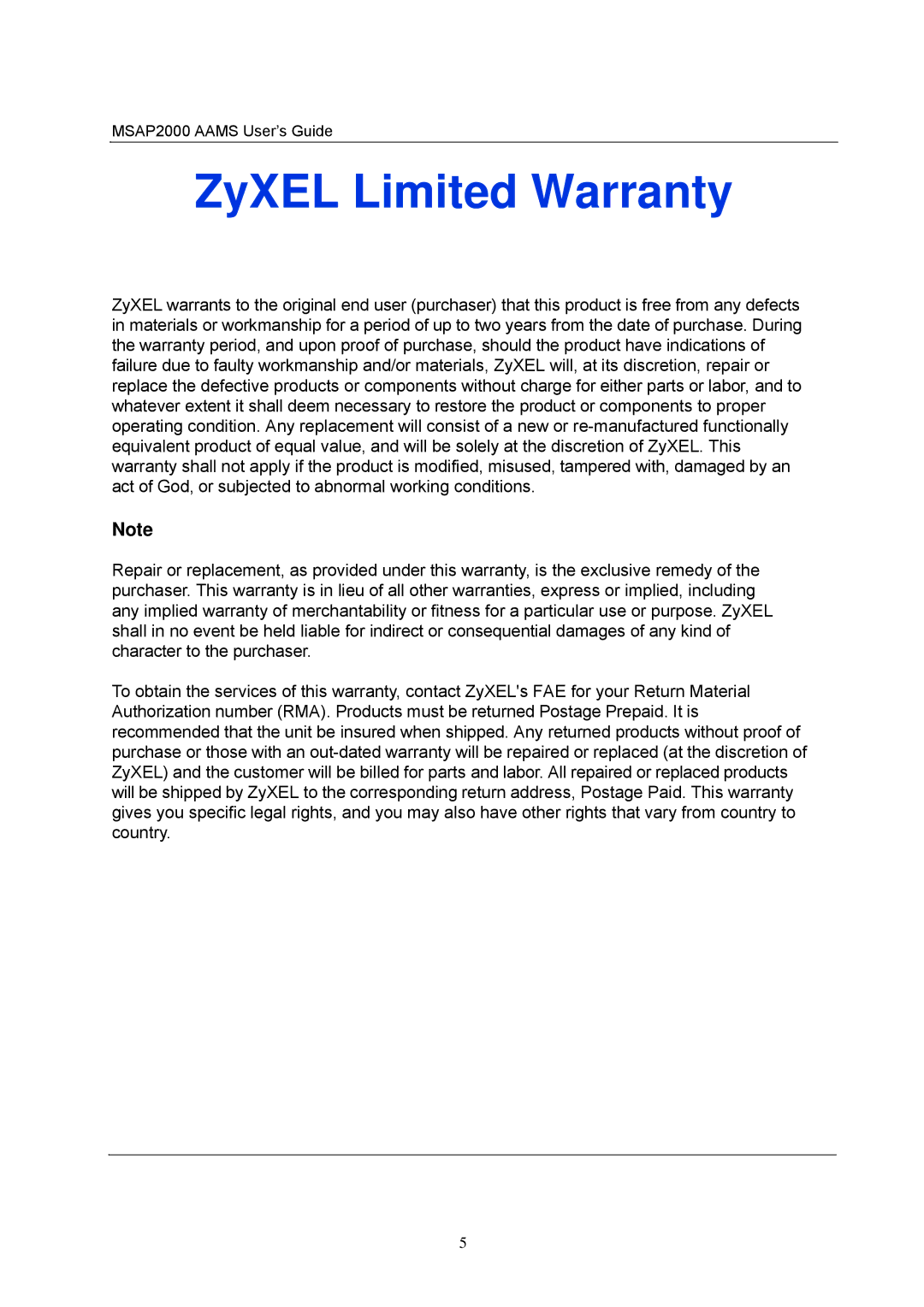 ZyXEL Communications MSAP2000 manual ZyXEL Limited Warranty 