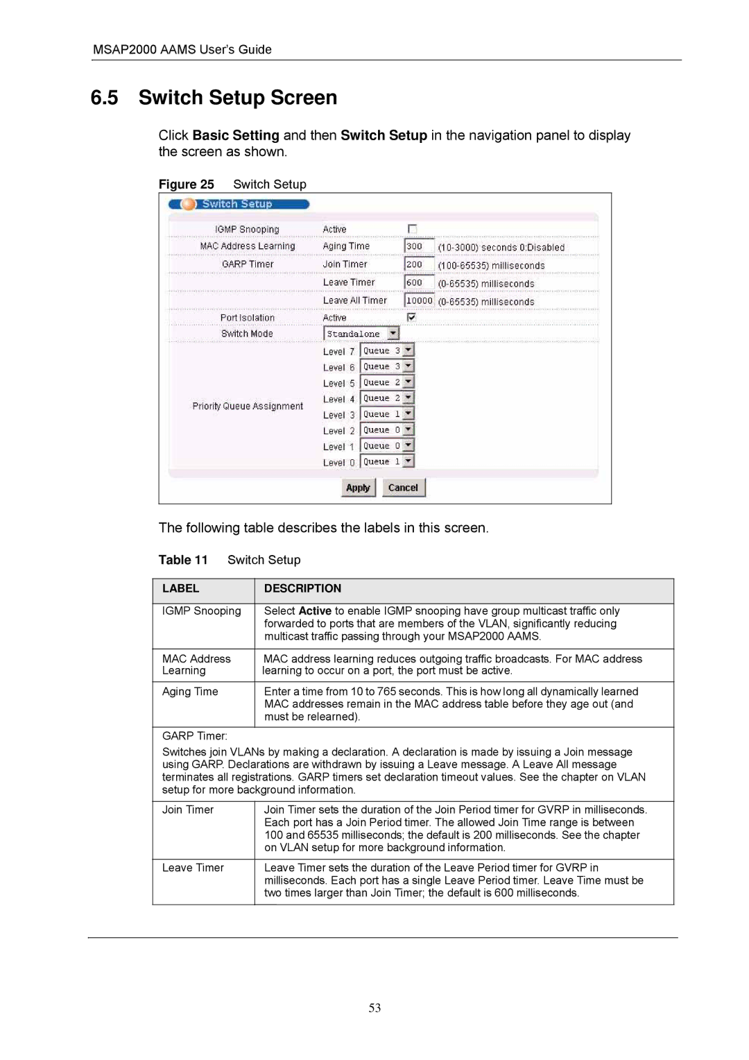 ZyXEL Communications MSAP2000 manual Switch Setup Screen 