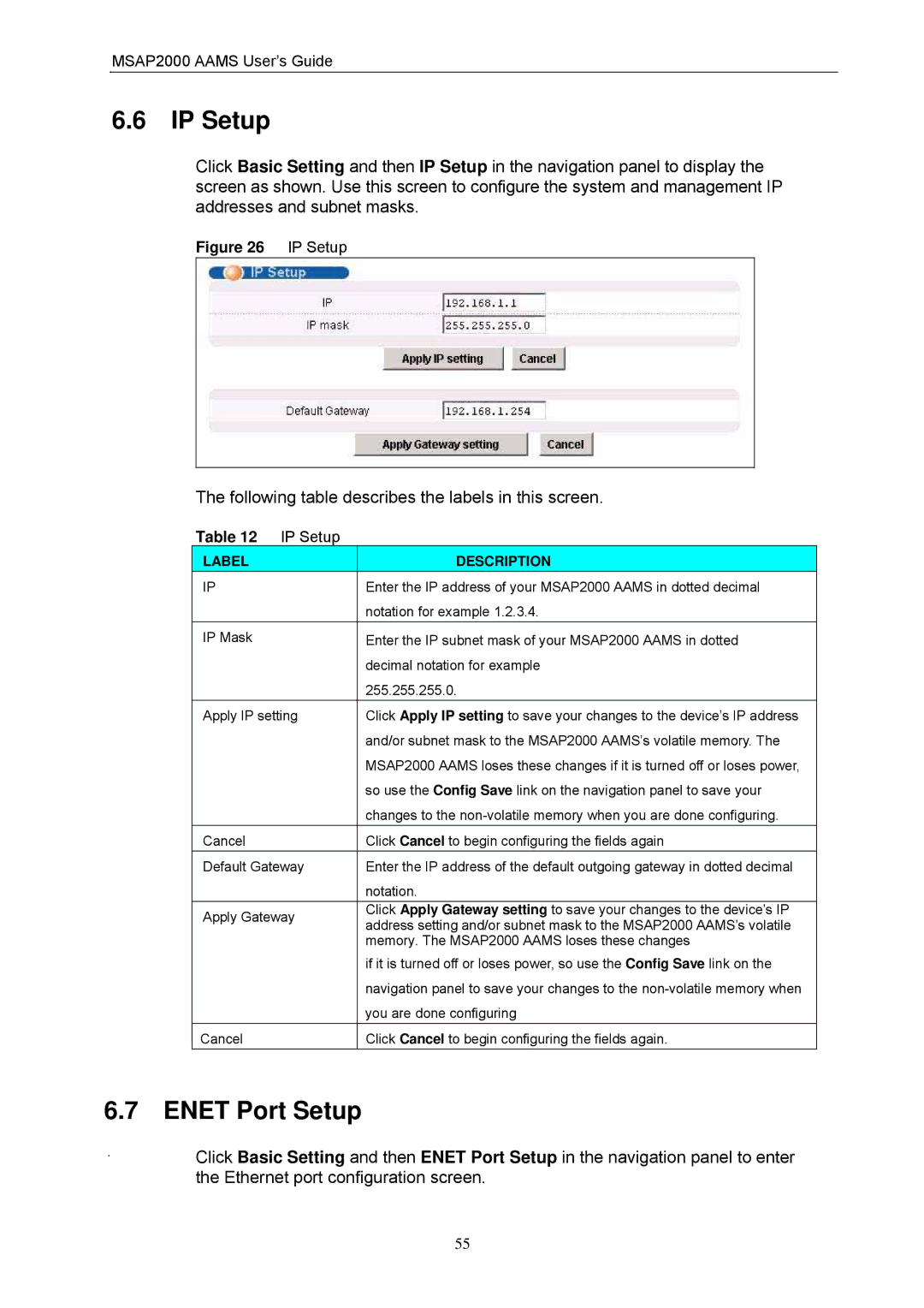 ZyXEL Communications MSAP2000 manual IP Setup, Enet Port Setup 