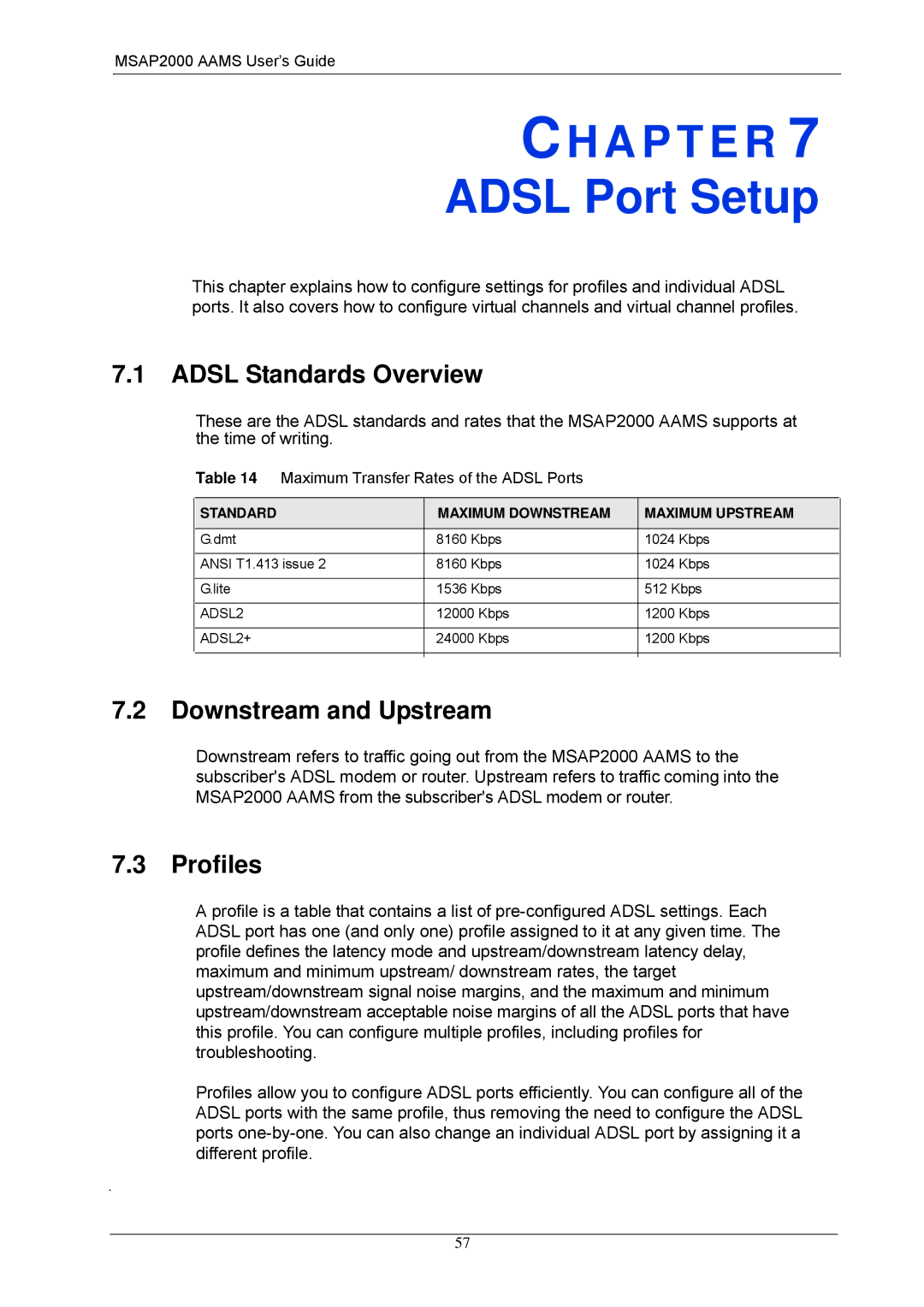 ZyXEL Communications MSAP2000 manual Adsl Port Setup, Adsl Standards Overview, Downstream and Upstream, Profiles 