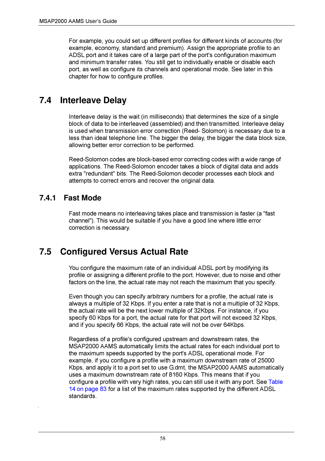 ZyXEL Communications MSAP2000 manual Interleave Delay, Configured Versus Actual Rate, Fast Mode 