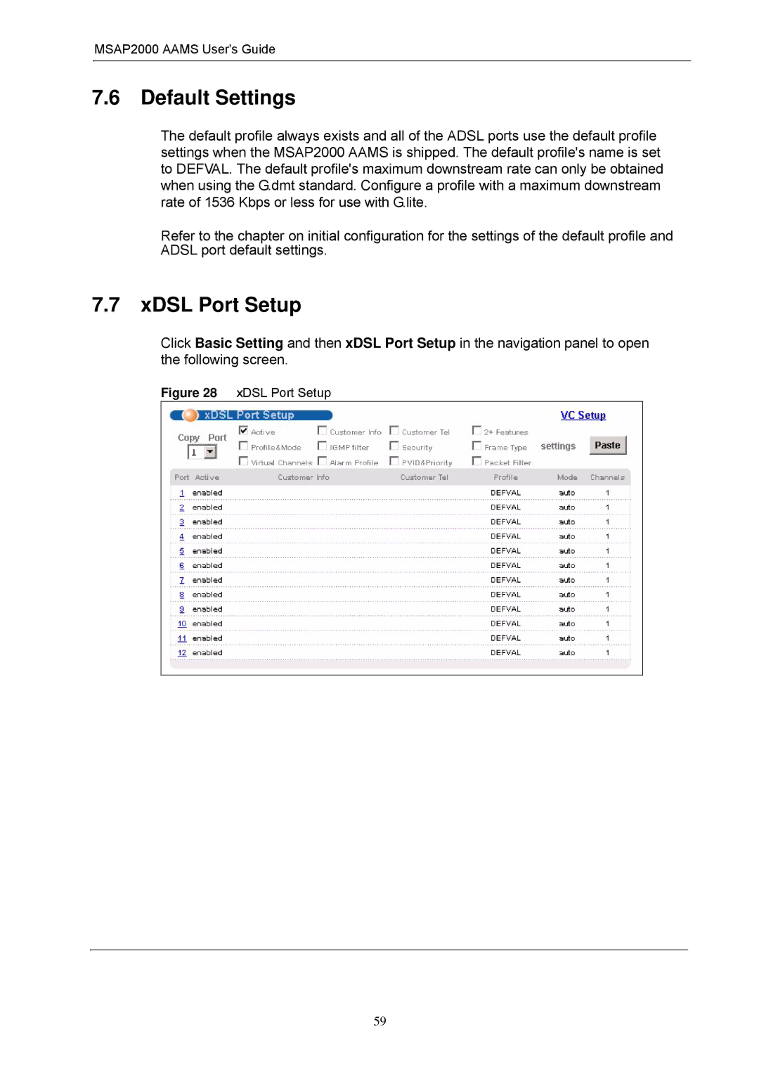 ZyXEL Communications MSAP2000 manual XDSL Port Setup 