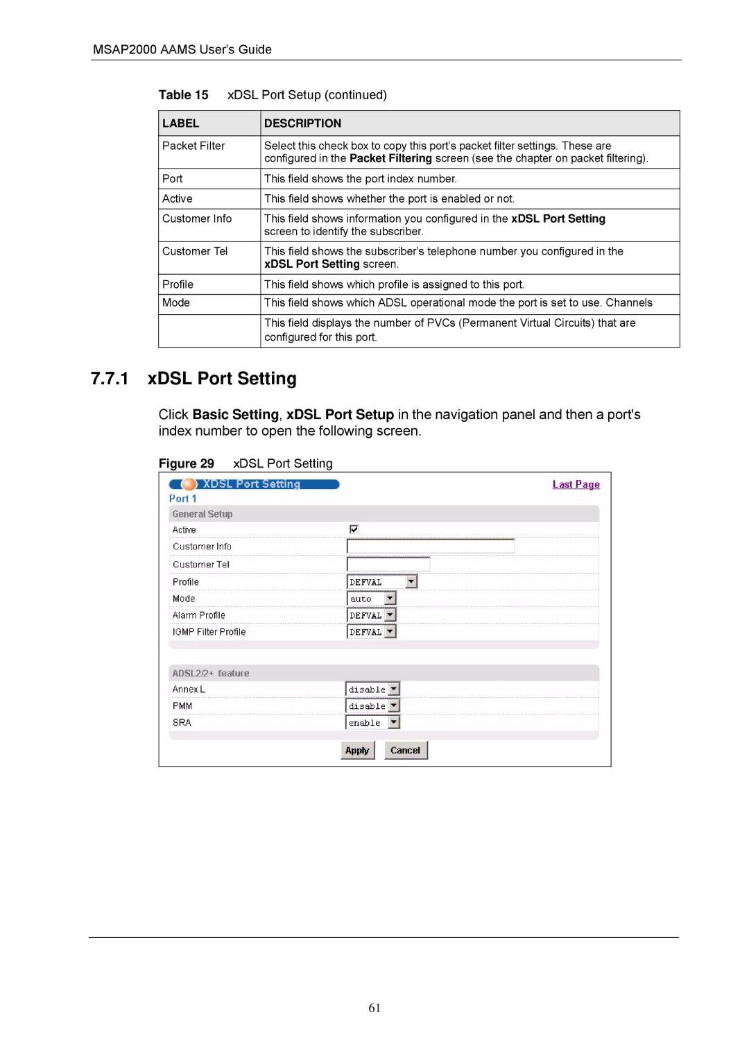 ZyXEL Communications manual XDSL Port Setting, MSAP2000 Aams User’s Guide XDSL Port Setup 