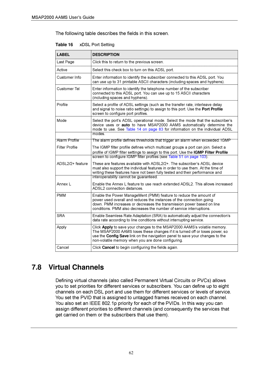 ZyXEL Communications MSAP2000 manual Virtual Channels, Pmm, Sra 