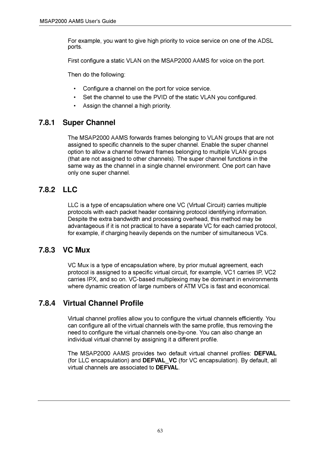 ZyXEL Communications MSAP2000 manual Super Channel, 2 LLC, VC Mux, Virtual Channel Profile 