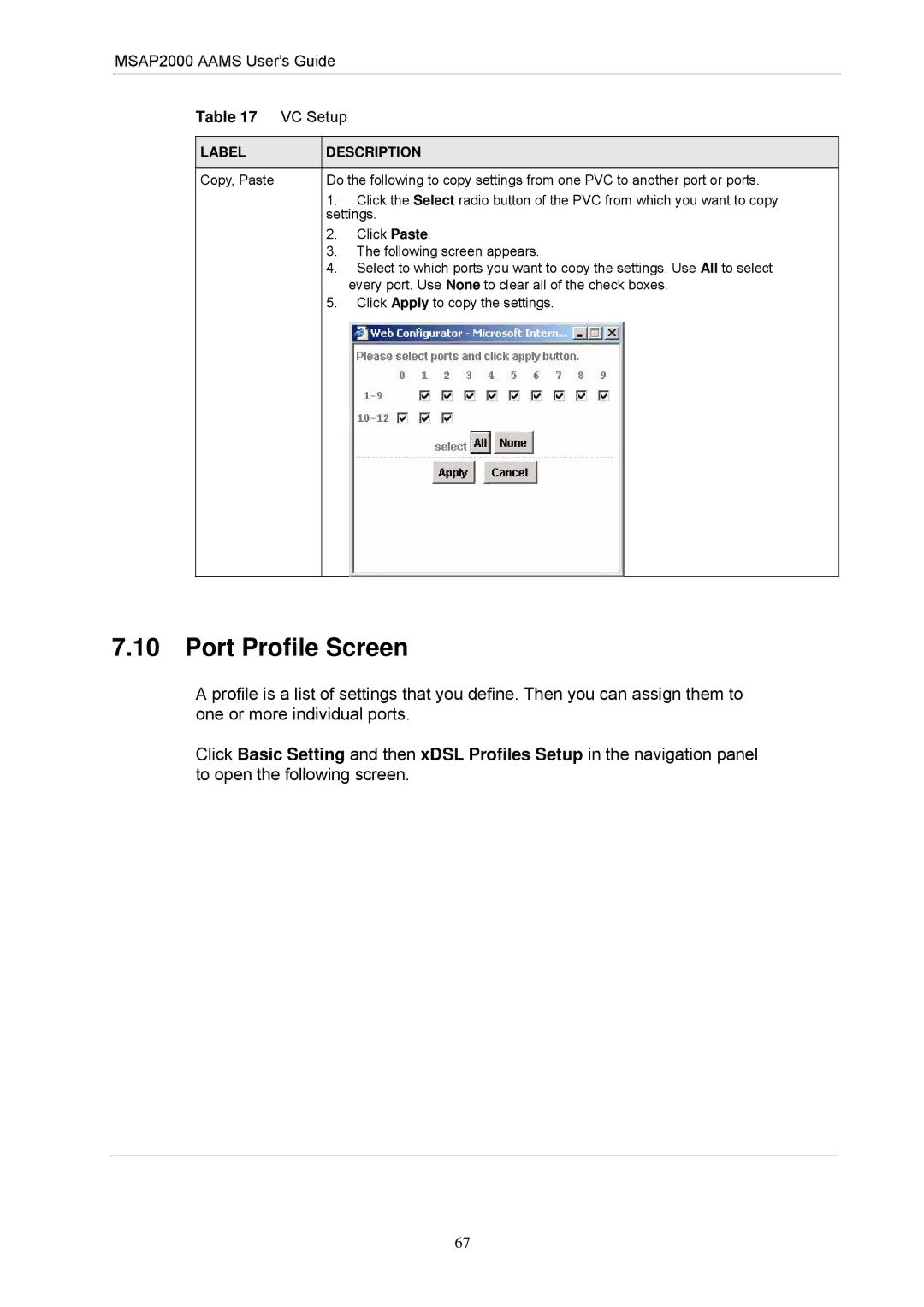 ZyXEL Communications MSAP2000 manual Port Profile Screen 