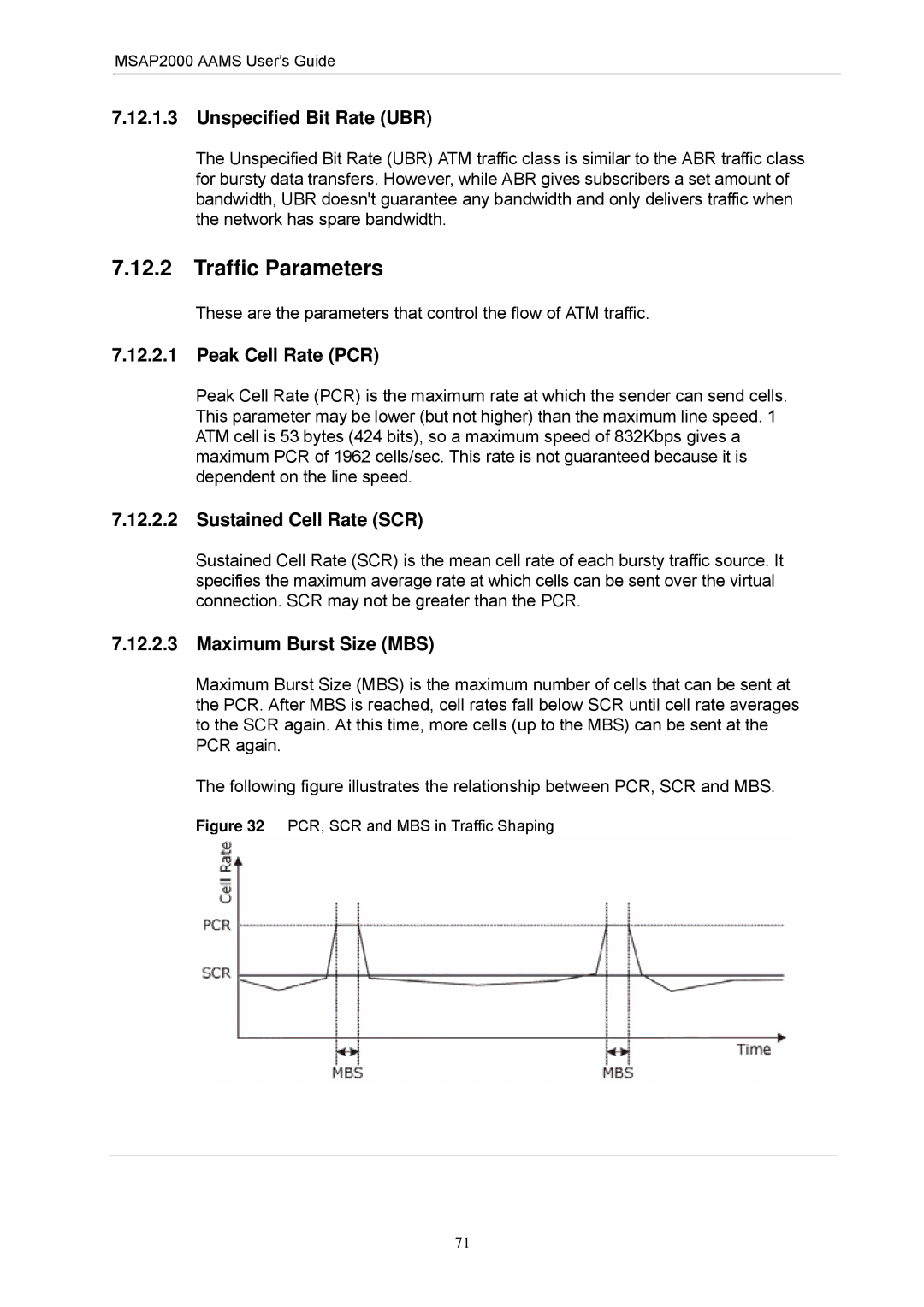 ZyXEL Communications MSAP2000 Traffic Parameters, Unspecified Bit Rate UBR, Peak Cell Rate PCR, Sustained Cell Rate SCR 