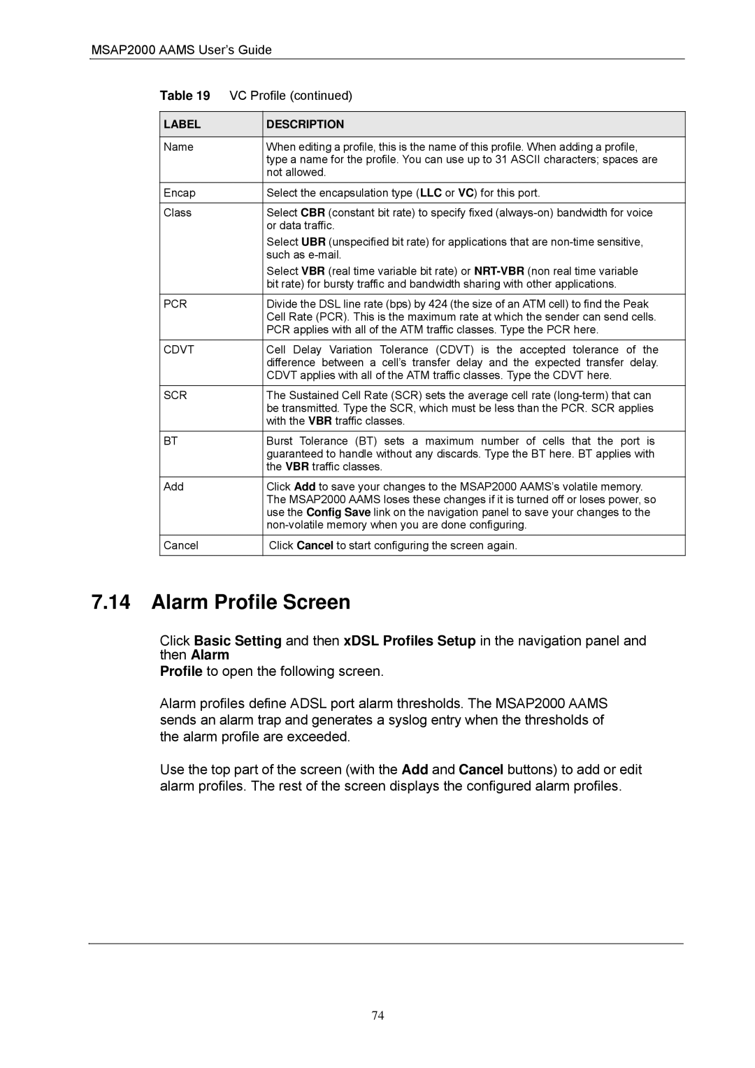 ZyXEL Communications manual Alarm Profile Screen, MSAP2000 Aams User’s Guide VC Profile 