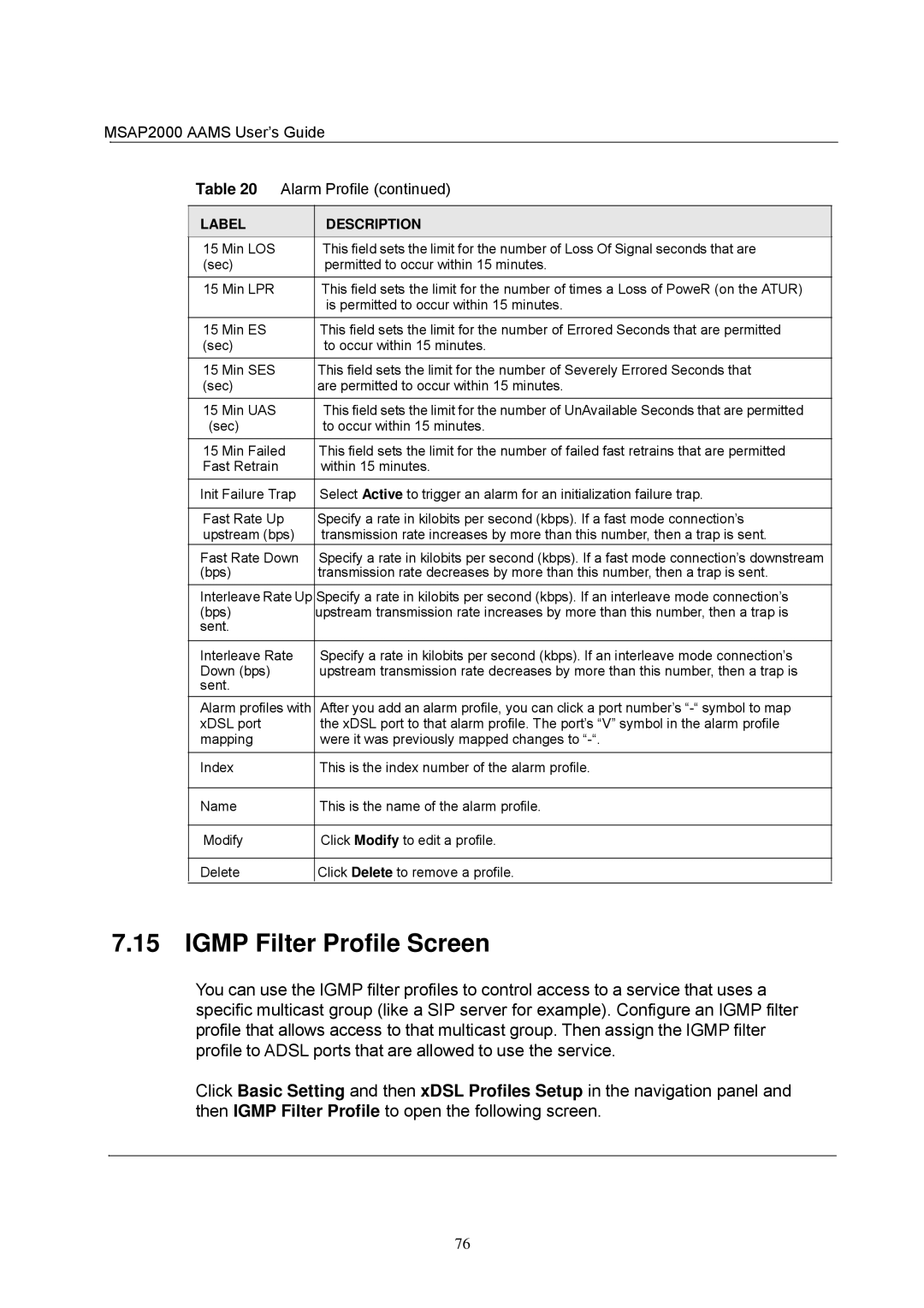 ZyXEL Communications manual Igmp Filter Profile Screen, MSAP2000 Aams User’s Guide Alarm Profile 