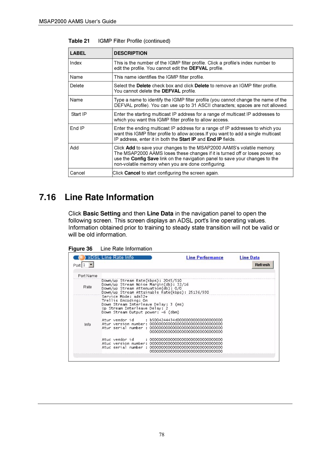 ZyXEL Communications manual Line Rate Information, MSAP2000 Aams User’s Guide Igmp Filter Profile 