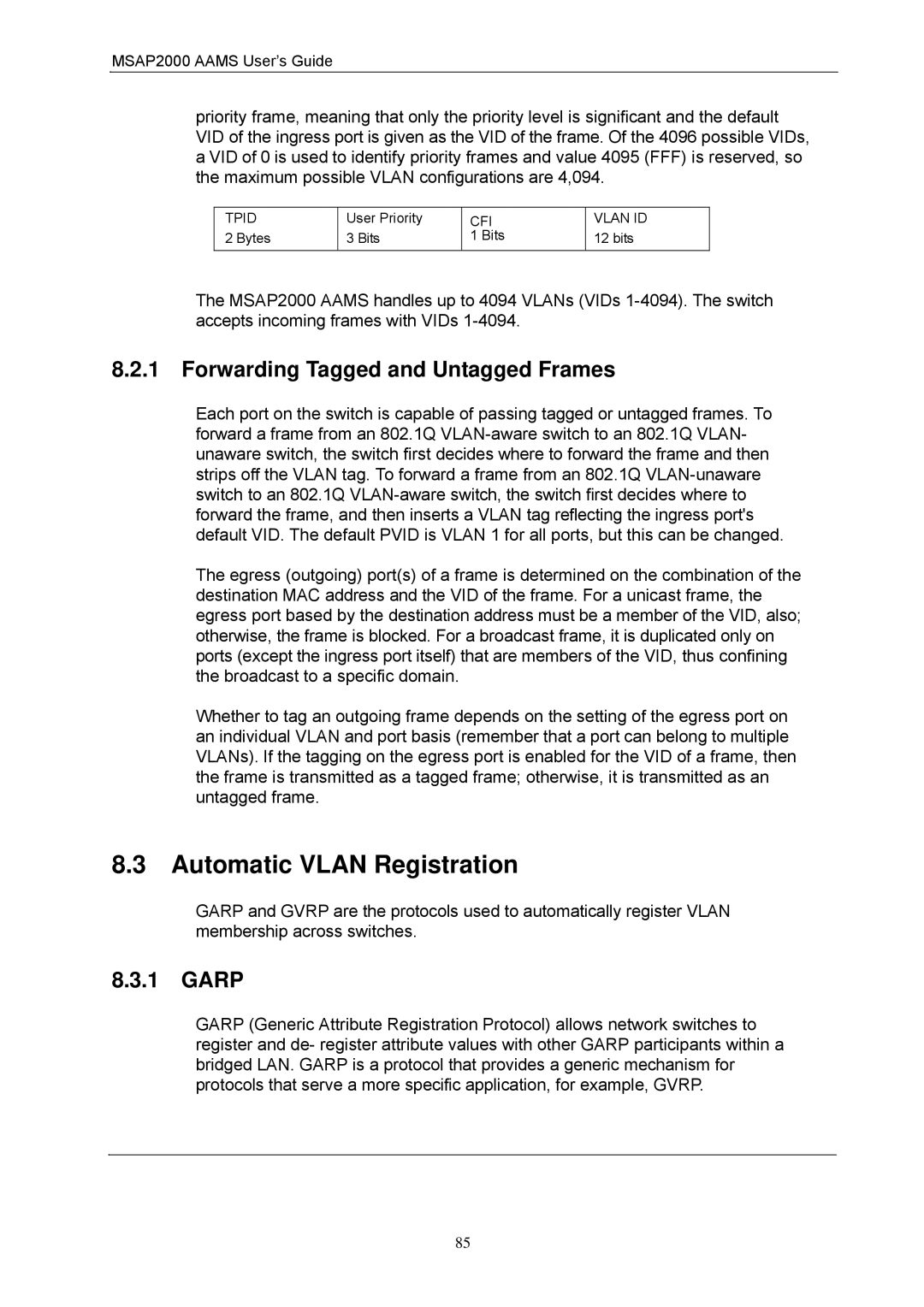 ZyXEL Communications MSAP2000 manual Automatic Vlan Registration, Forwarding Tagged and Untagged Frames, Garp, Tpid, Cfi 